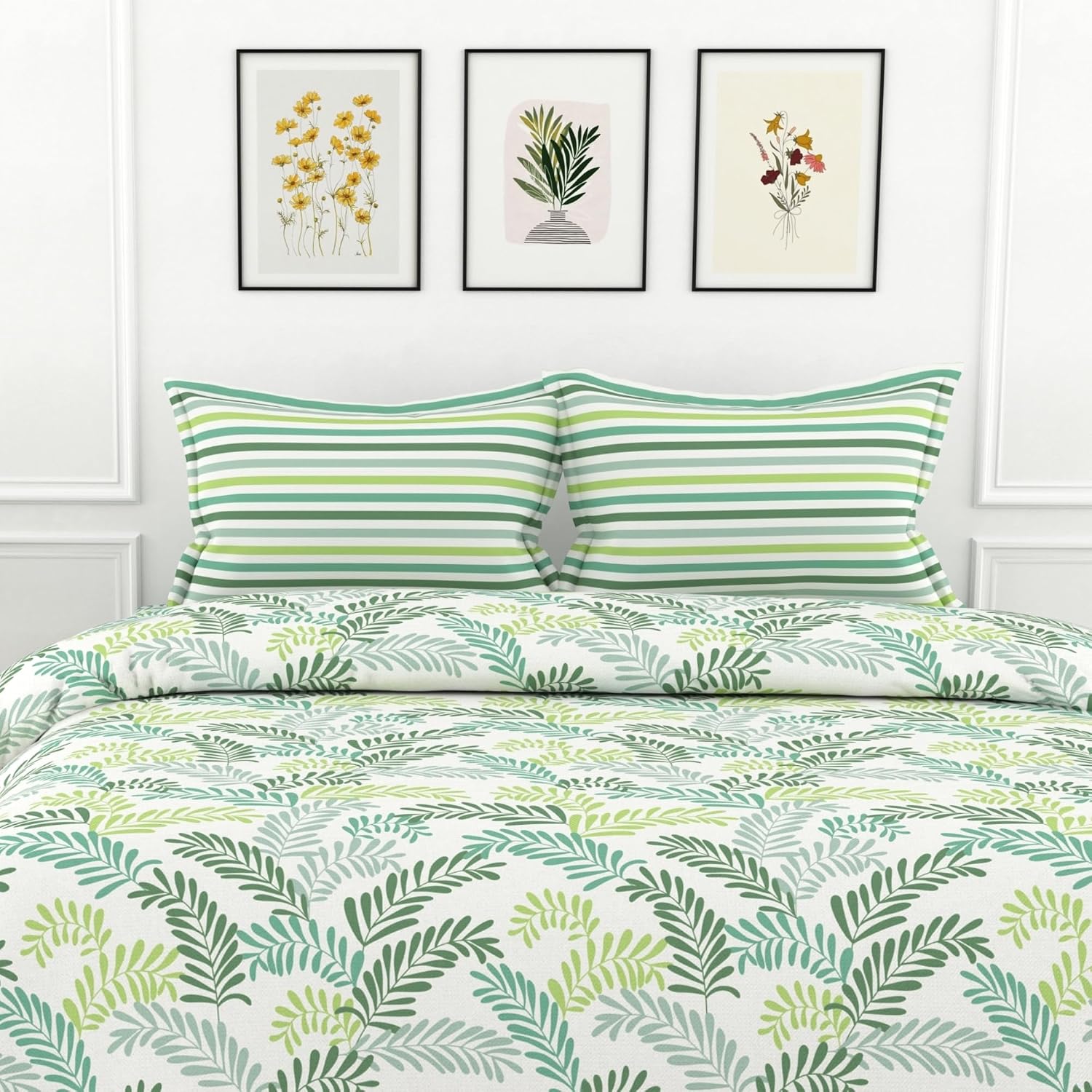 Printed Bedsheet For Double Bed 2 Pillow Cover - 60 X 78 Inches, Green & Cream | All Around Elastic Fitted - Ultra Soft & Breathable | Superior Softness & Breathability