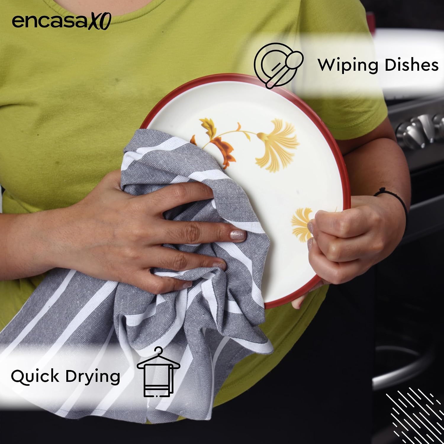 Encasa Xo Kitchen Cooking Cloth 340 Gsm | Cotton Hand Towel For Drying Dishes Highly Absorbent Cleaning & Quick Drying Of Plates | Roma Grey Stripes (Set Of 4)