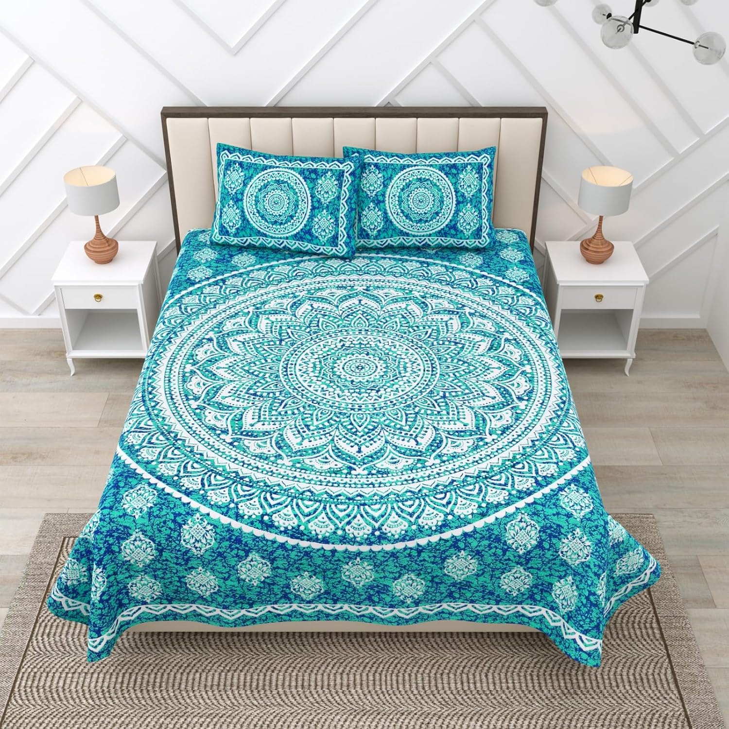 Pure 100% Cotton Double Bed Sheet With 2 Pillow Covers - 90 X 100 Inches, Blue & White | Beautifully Handcrafted Traditional Bedsheets - Skin Friendly Fabric