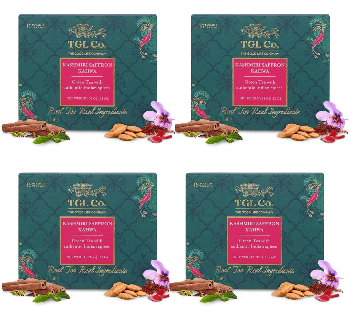 TGL Co. Kashmiri Saffron Kahwa Green Tea - Pack Of 4 X 16 Pyramid Tea Bags | Enhance Digestion, Boost Immunity, Relieves Stress - Medium Caffeine, Rich In Taste
