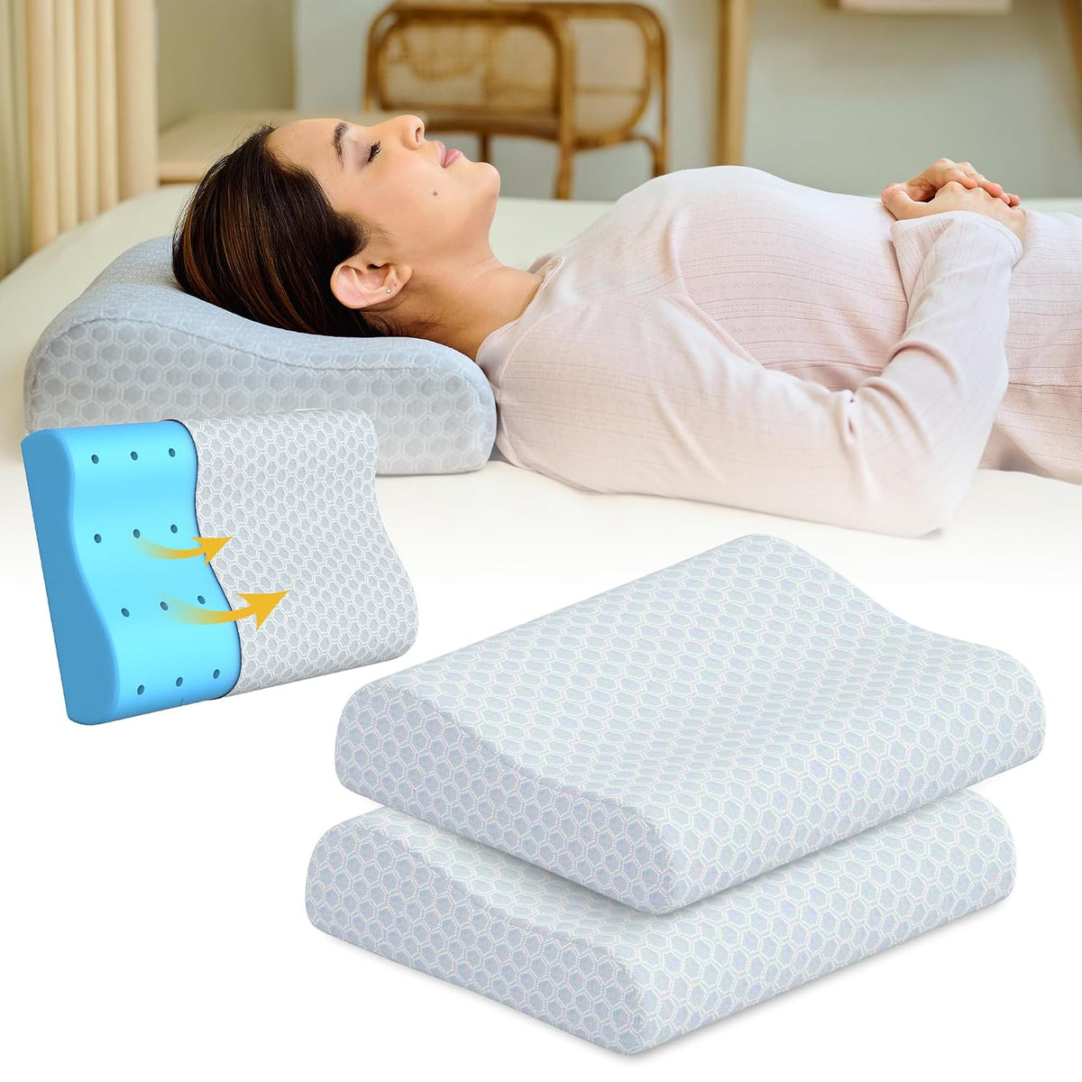 Gel Memory Foam Pillow, Cervical Pillow, For Pain Relief, Light Grey - King Size | Improves Posture & Spinal Alignment, Neck Pain Relief Cushion, Washable Cover - Pack Of 2