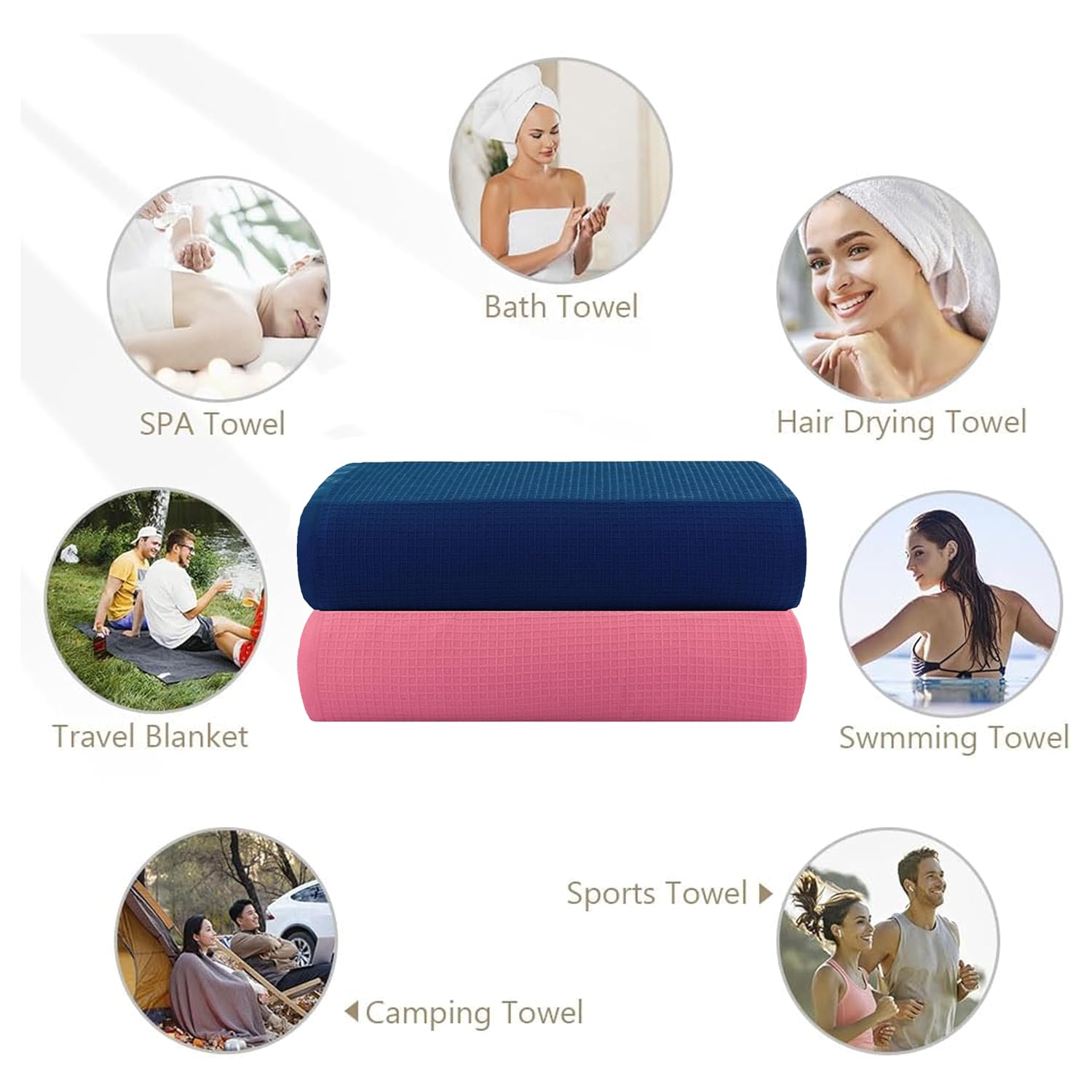 Casa Copenhagen Designed In Denmark Waffle Super Soft 2 Pieces 100% Cotton Large Bath Towel 525 Gsm - Navy & Pink