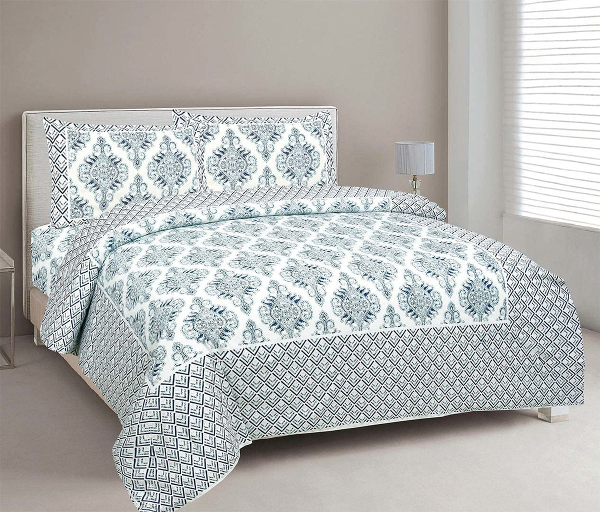 100% Cotton Jaipuri Bedsheet For King Size (90 X 103 Inches, Cream & Blue) With 2 Pillow Covers | Perfect For Everyday Use, Guest Rooms, Or Gifting On Special Occasions