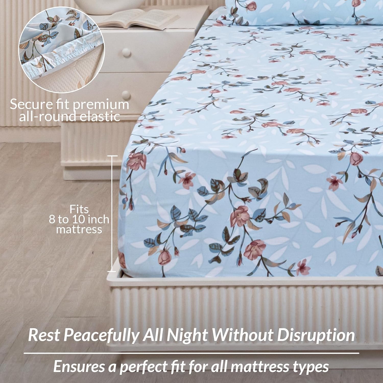 Double Size Elastic Fitted Bedsheet For Queen With 2 Pillow Covers - (78 X 72 Inches, Sky Blue & White) | Wrinkle Free Bed Sheets | Perfect For Home Decor & Gifting