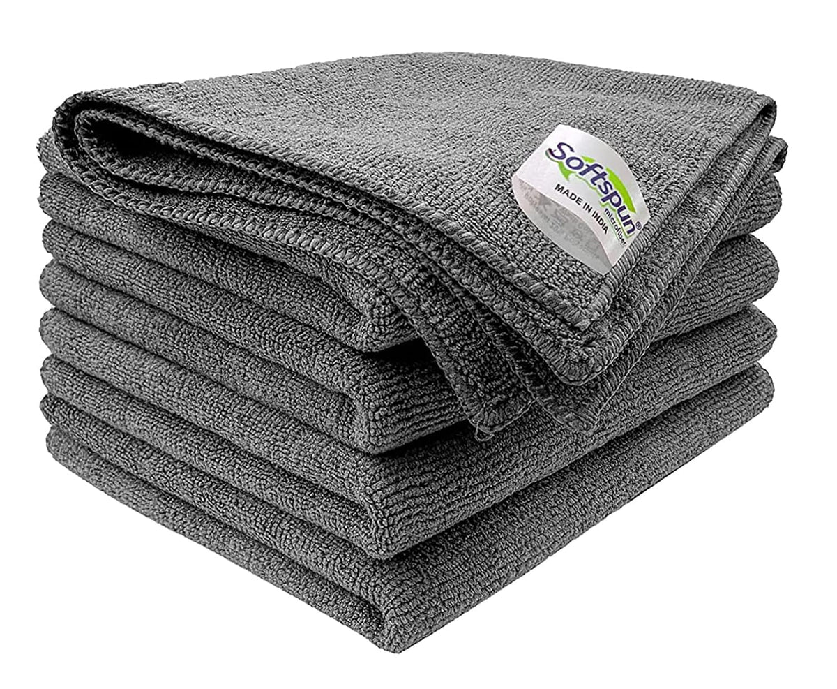 Softspun Microfiber Cleaning Cloths Towel 300 Gsm | Thick Lint & Streak-Free Multipurpose Cloths Automotive Microfibre Towels For Car, Bike Cleaning Polishing Washing Pack Of 5 (Grey)
