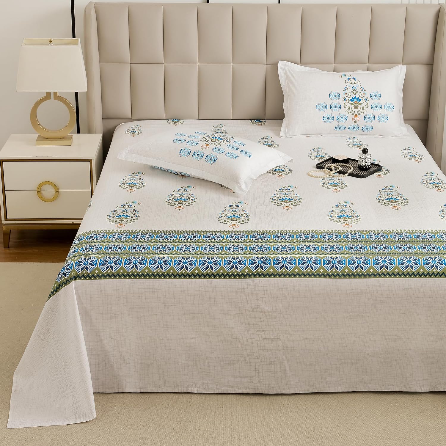 1 Piece Cotton Bedsheet For King Size With 1 Pillow Cover - 108 X 108 Inches, White & Blue | Soft & Durable For Everyday Use & Bedroom - All Season Comfort