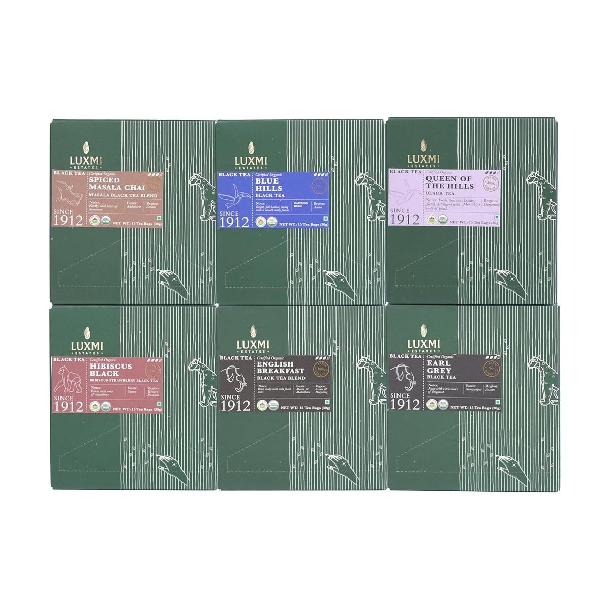Luxmi Estates Black Tea Assortment Gift Pack - Pack Of 6, 15 Tea Bags In Each | Queen Of The Hills, English Breakfast, Earl Grey, Spiced Masala Chai, Blue Hills & Hibiscus Black Tea - High Caffeine