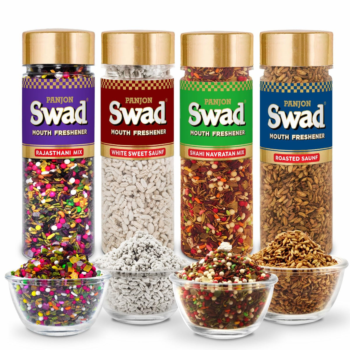 Panjon Swad Mouth Fresheners Rajasthani Mix, White Sweet Saunf, Shahi Navratan Mix & Roasted Saunf | 450gm, Pack Of 4 Bottles