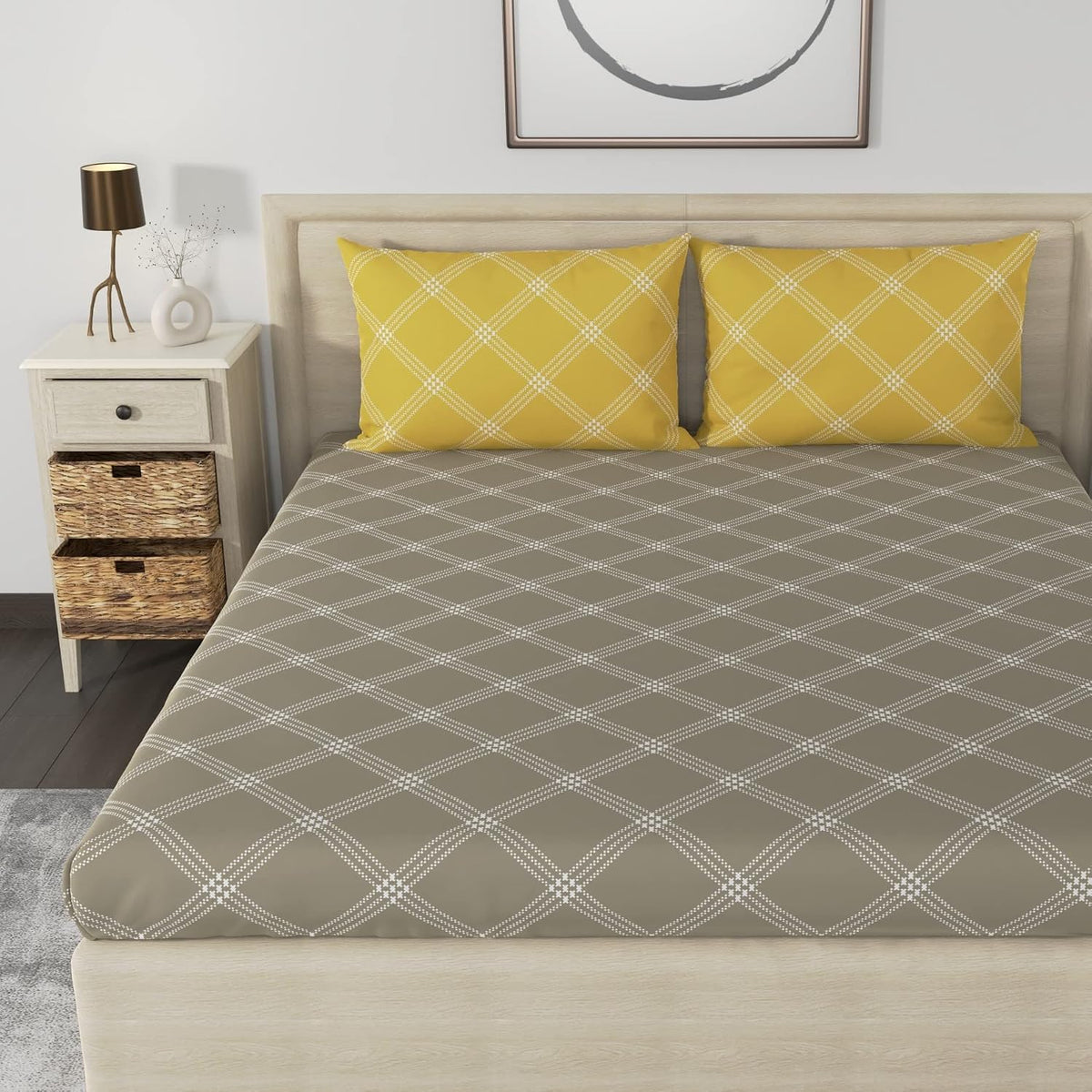 Premium Cotton Bedsheet For Double Bed King Size With 2 Pillow Covers - (108 X 108 Inches) Brandon Beige & Yellow | Ideal For All Season Comfortable Bedsheet