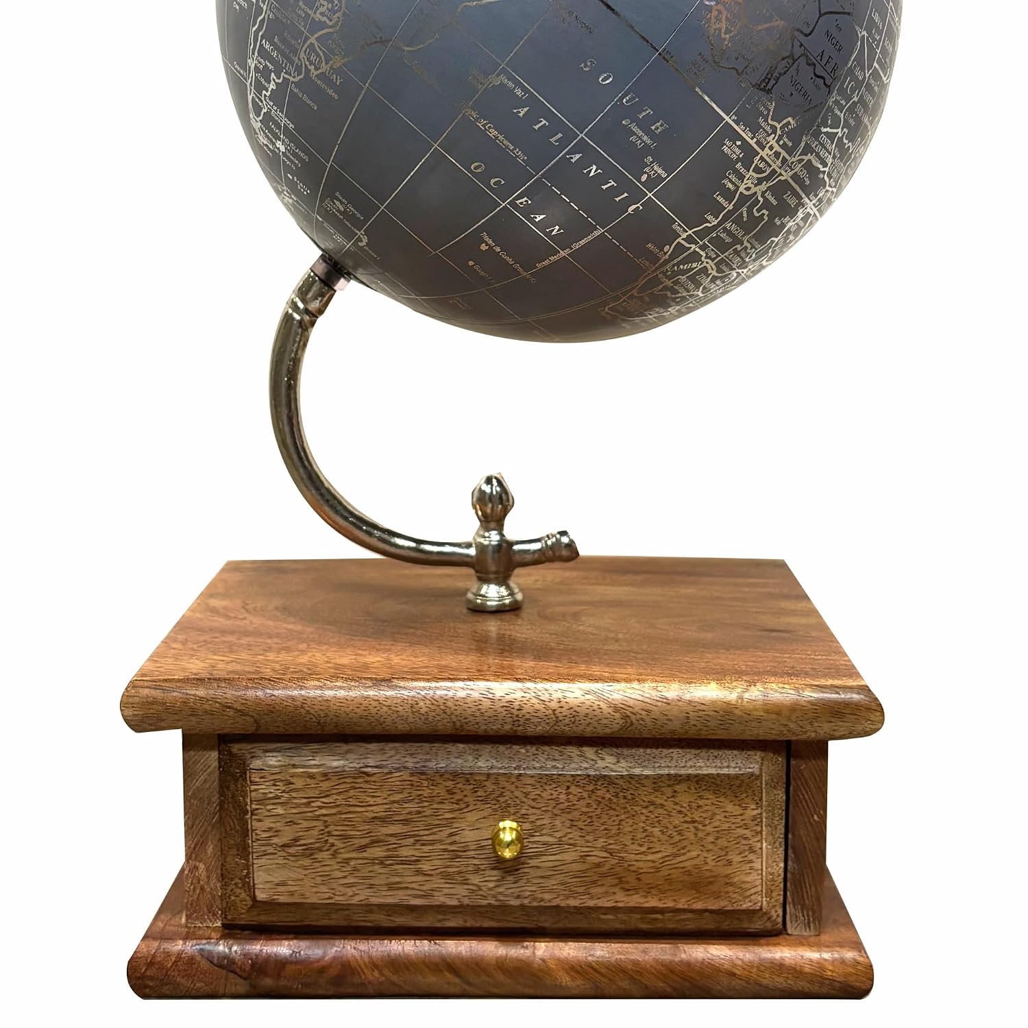 Antique Home Decor 8 Inch Diameter World Globe On Silver Arc & Wooden Storage Drawer For Office Table, Gift, Interior Decoration & Educational - Blue & Silver, Pack Of 1