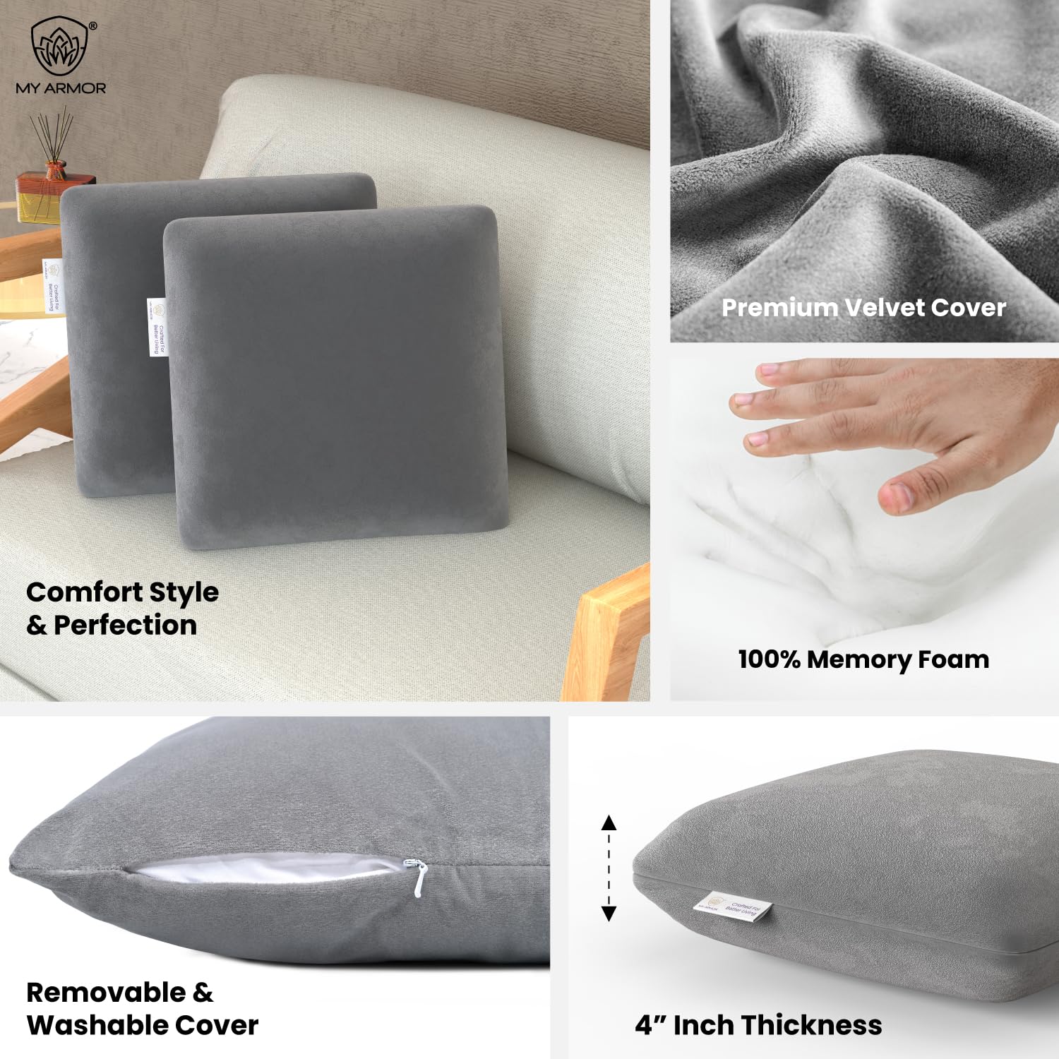 Memory Foam Square Cushion Pillow, For Car, Sofa & Diwan, Bed, Chair, Grey - 12 X 12 X 4 Inch | Highly Durable, Hypoallergenic, Velvet Cover, Furniture Cushion, Multipurpose Use - Pack Of 2