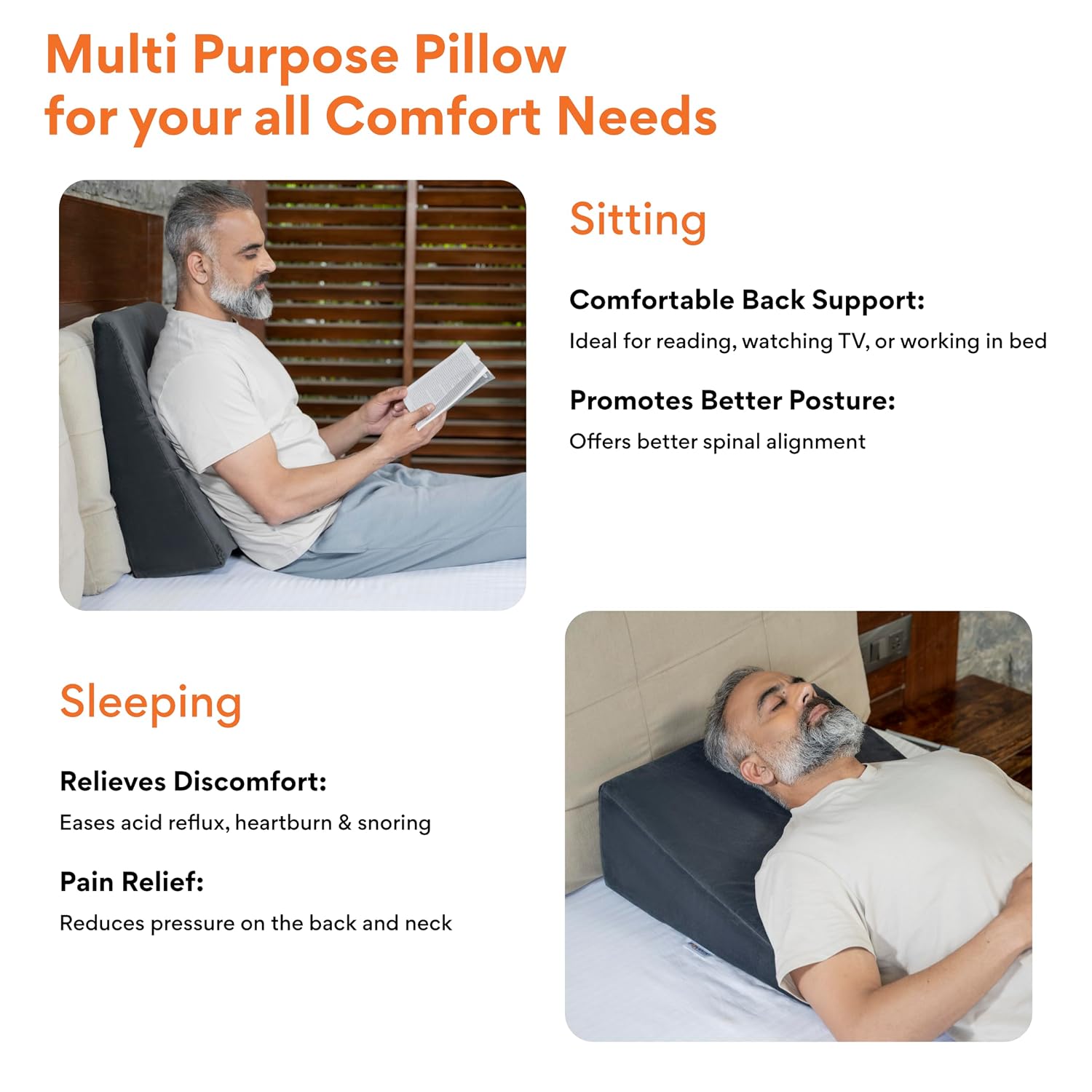 Wedge Pillow Memory Foam For Back Support, Velvet Dark Grey, Medium Size - 7 Inch | Acid Reflux, Snoring, Gerd, Leg Elevation, Pregnancy | Multipurpose Bed Wedge Pillow, Removable Cover