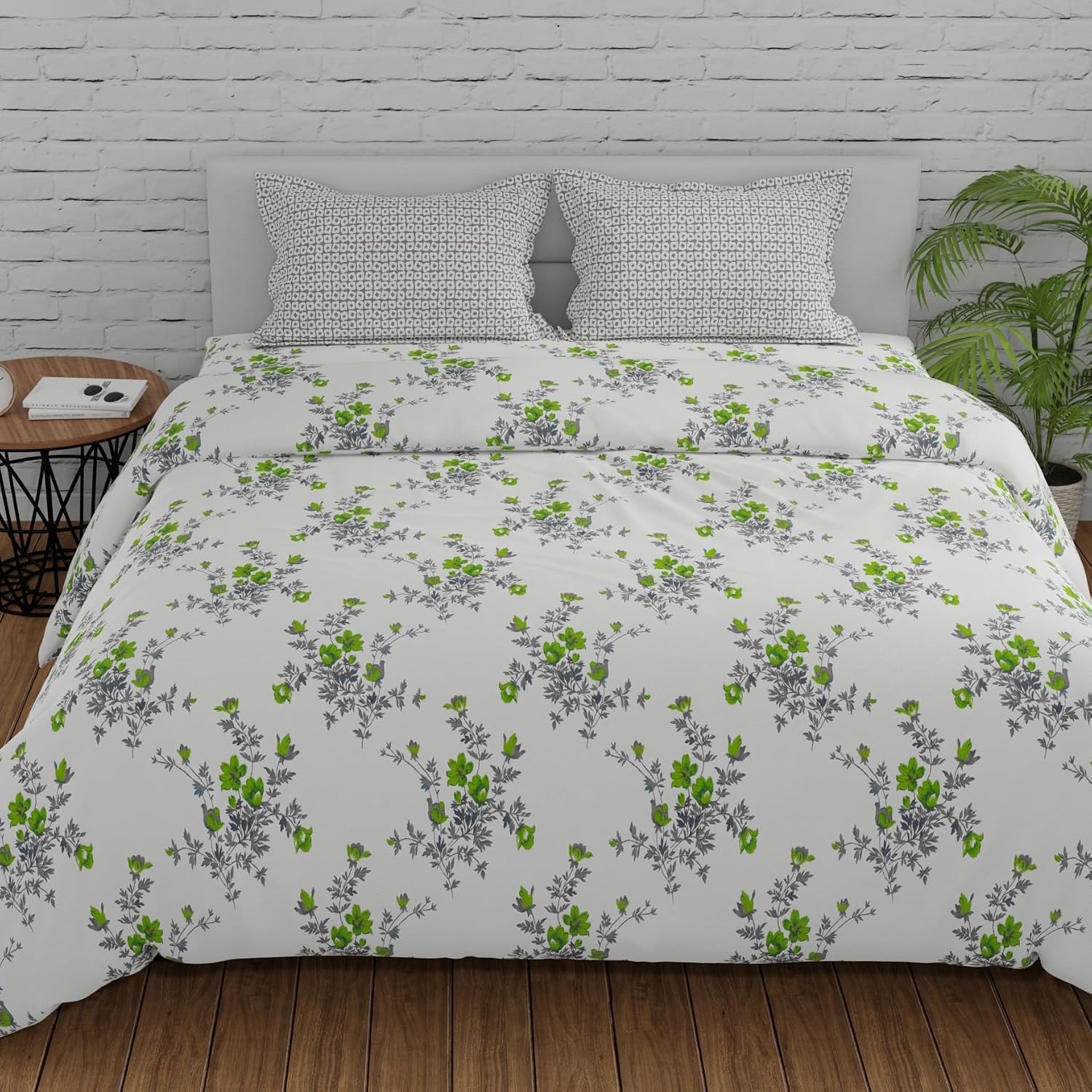 Queen Size Cotton Bedsheet With 2 Pillow Covers - 88 X 96 Inches, Green & Grey | Perfect Floral Printed Bedsheet | Soft, Breathable & Comfortable