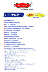 Bambalio BL-991MS 401 Functions And 2 Line LCD Display Scientific Calculator 3 Years Warranty | Multiple And Simple Keys, Scientific Calculator