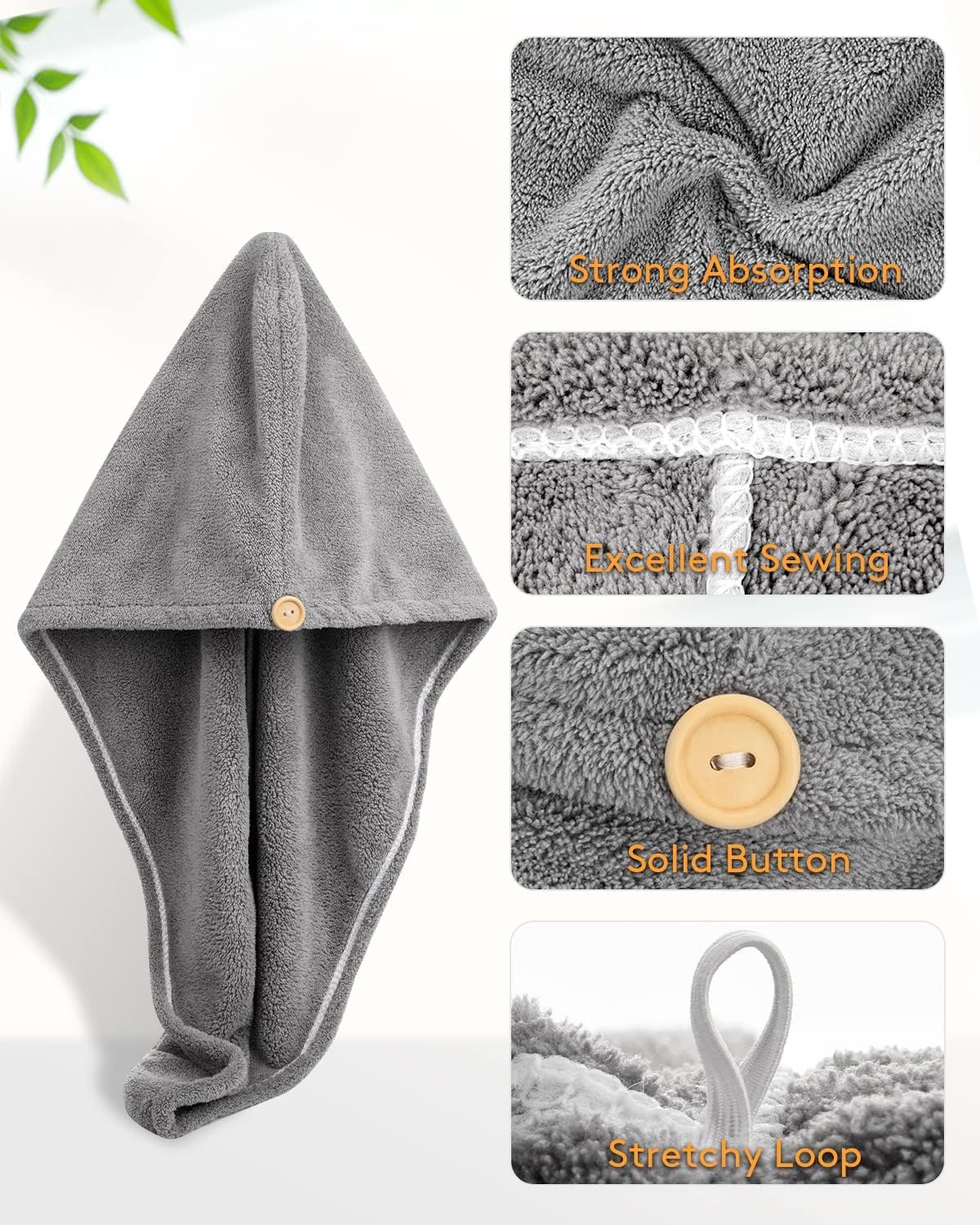 Fezora Hair Towel Wrap For Women-Quick Drying Microfiber Towel For Hair With Elastic Loop For Tying-Super Absorbent Head Towels Wrap For Ladies Hair Turban (Grey)