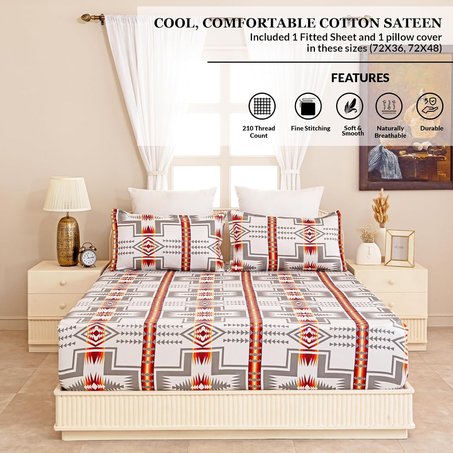 1 Fitted Single Bedsheet With 1 Matching Pillow Cover - 72 X 36 Inches, Grey & Red | Perfect Gifting For Wedding Anniversary