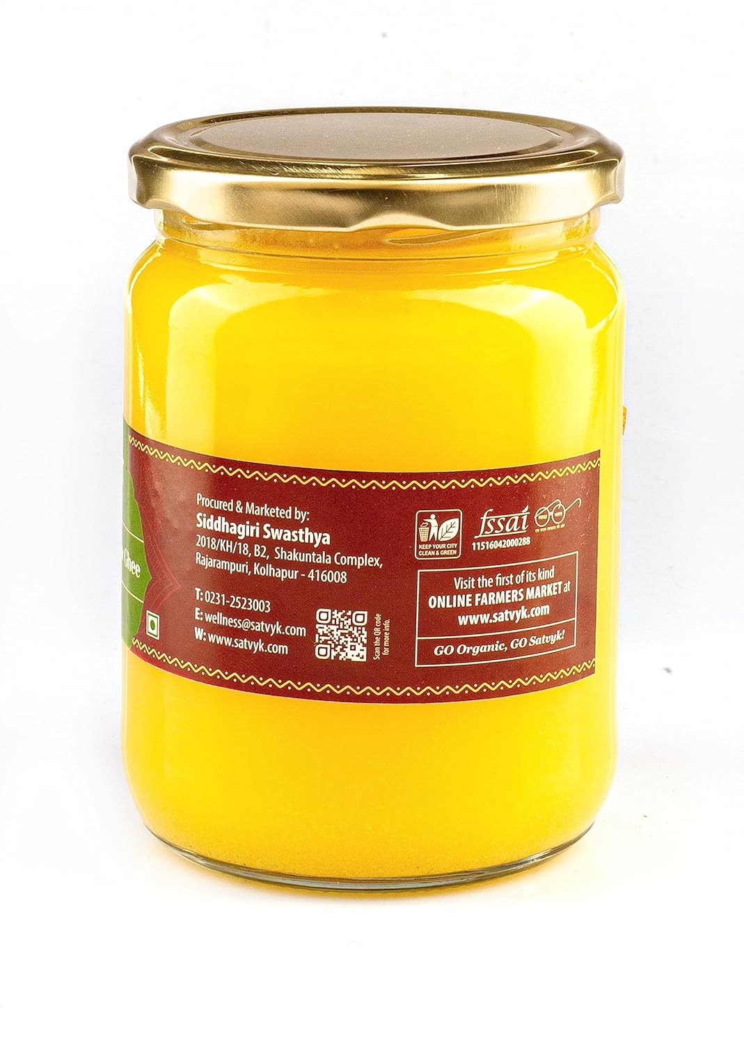 Natural A2 Desi Cow Ghee By S Siddhagiri'S Satvyk | Natural & Healthy Bilona Method Desi Cow Ghee Perfect For Sweets | (500ml) 16.9 Ounce | Jar Pack