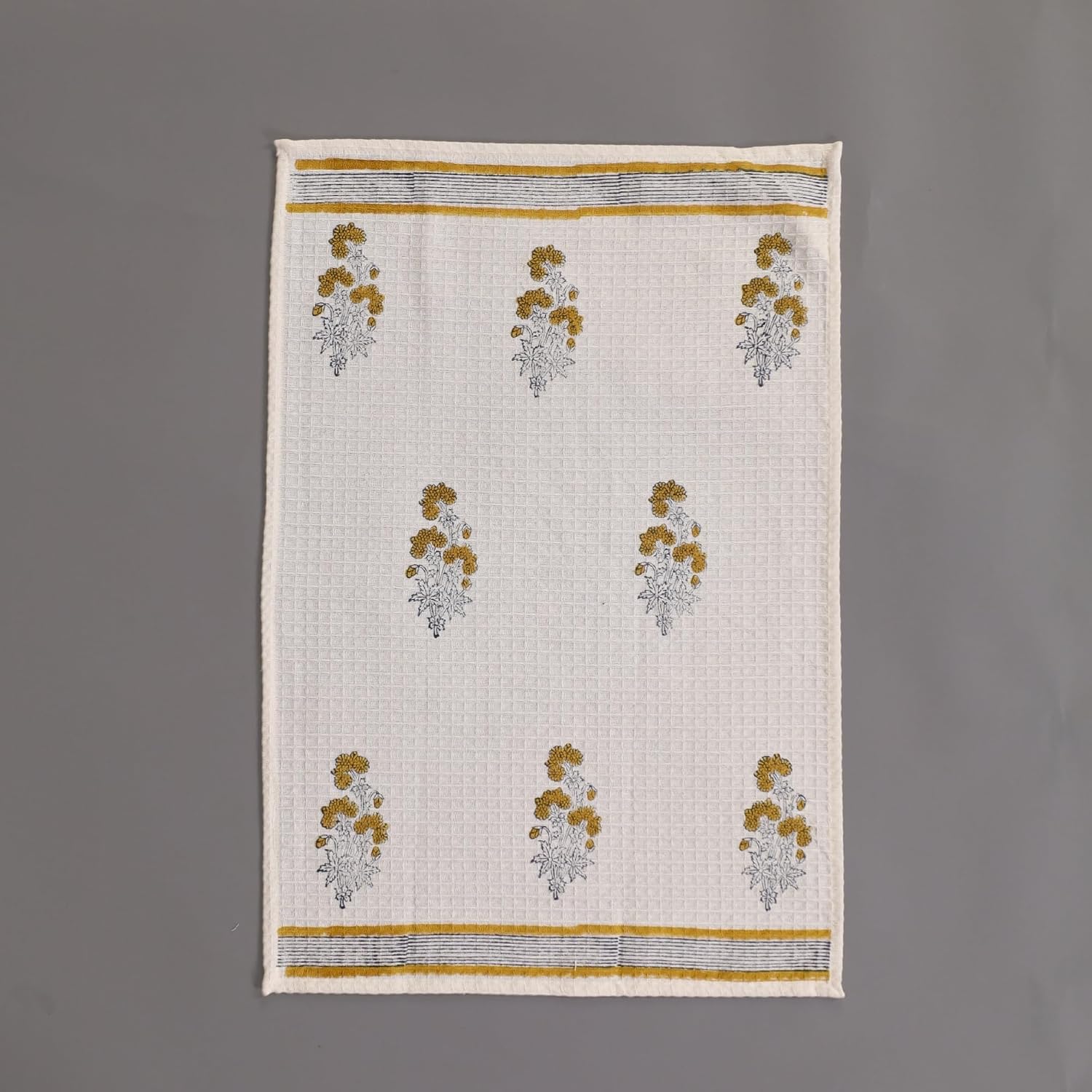 Peepul Tree Pure Cotton Hand & Bath Towel Set 310 Gsm | Hand Block Printed In Yellow Floral Pattern Handmade In India Towel (Pack Of 2)