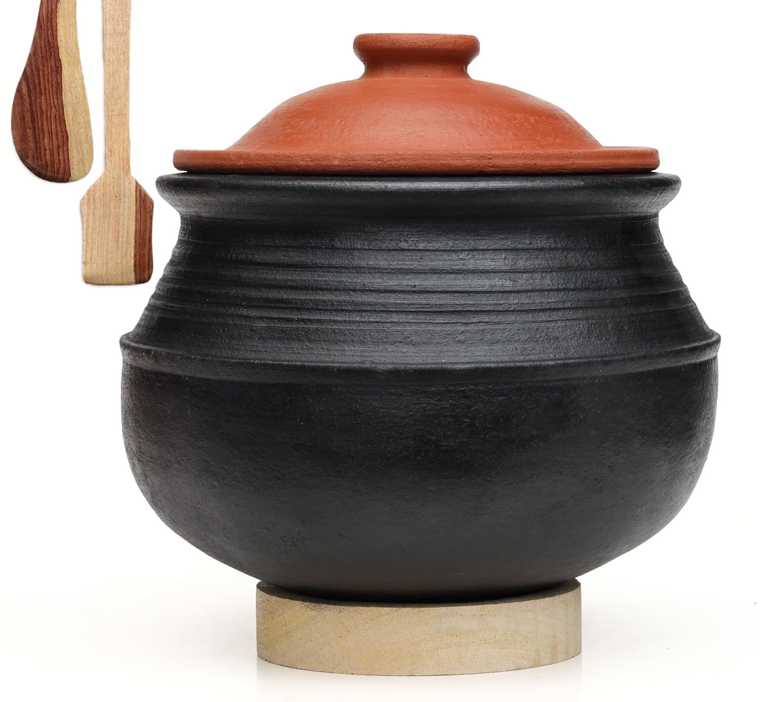 Deep Burned Uncoated Clay Rice Pot With Lid Or Mitti Handi With 2 Wooden Spatulas Complimentary For Cooking & Serving - Black, 1 Liter | Pre-Seasoned Mud Pot - Unglazed, Double Fired, Hand Crafted