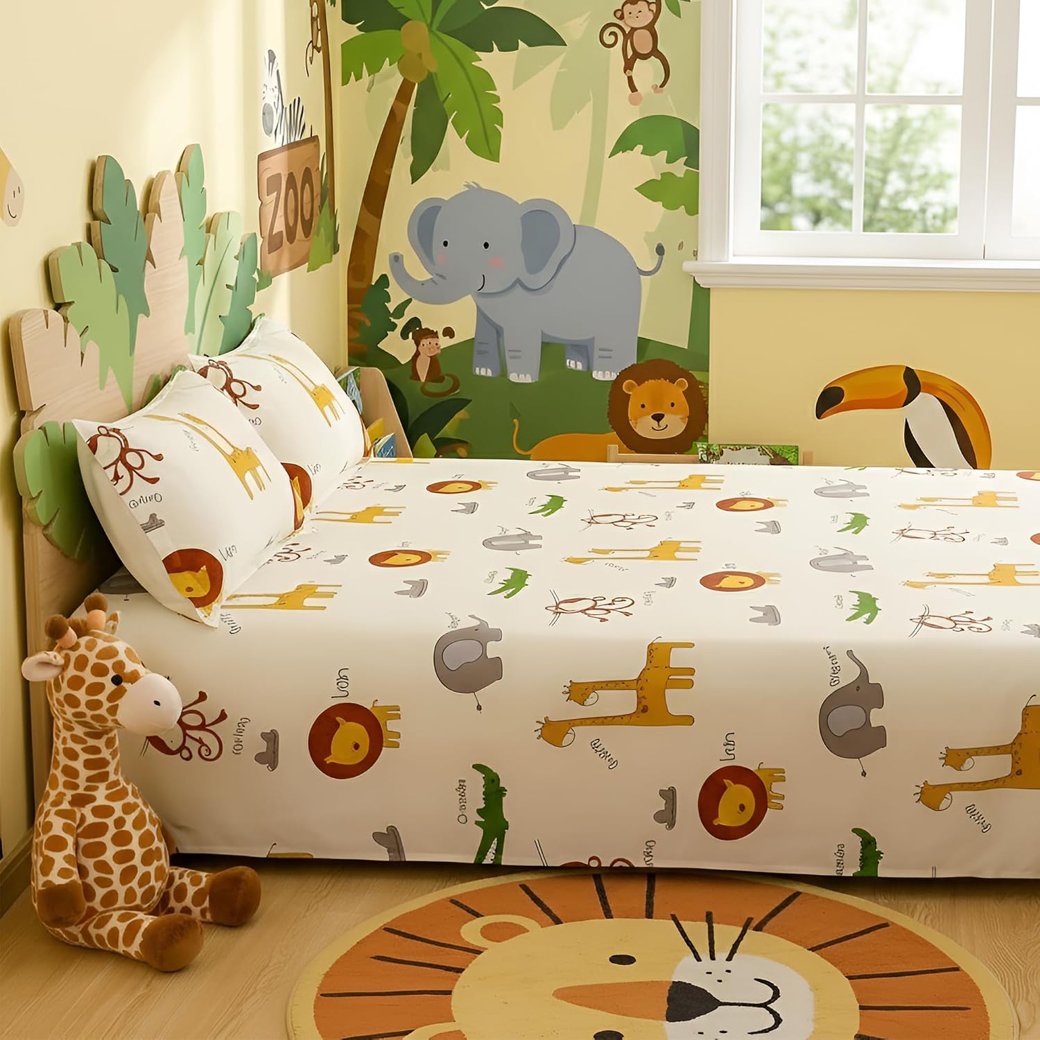 Kids Double Bed Bedsheet Set With 2 Pillow Covers - 88 X 100 Inches, Off White & Brown | Soft Bedding For Boys & Girls | Jungle Safari Print