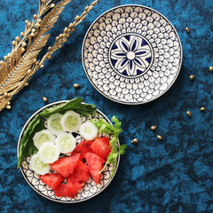 Mermaid Tales Hand Painted Ceramic Quarter Plates Set Of 6 - Blue & White | Small Side Plates For Dinner & Snacks - 7 Inch, 6 Pieces, Microwave Safe