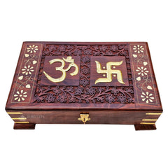 Wooden Om Box For Good Luck Jewellery Box, Decorative Case, Kit, Vanity, Organiser For Women, Necklaces, Cash, Gold, 10 X 6 Pious Galaxy Pedestal, Material - Rosewood, Brass, Colour - Brown