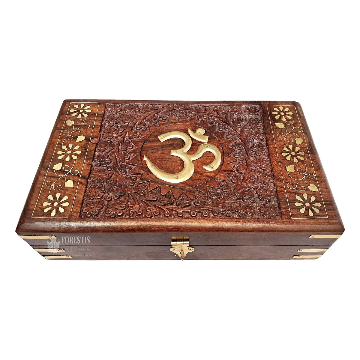 Exquisitely Hand Brass - Filled Wooden Om Box For Good Luck | Jewellery Box, Handmade Decorative Case, Kit 10 X 6 Inches, Om, Colour - Brown
