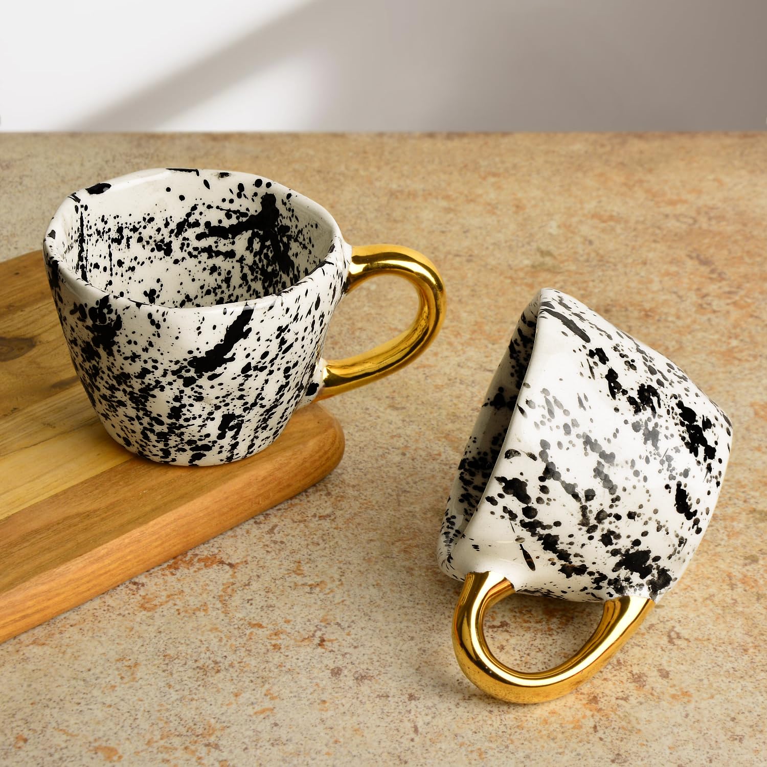 Premium Handmade Dalmation Ceramic Coffee Mugs With Golden Handle Set Of 2 - 200ml Each, White & Black | Tea Cups & Mugs - Chai Cups