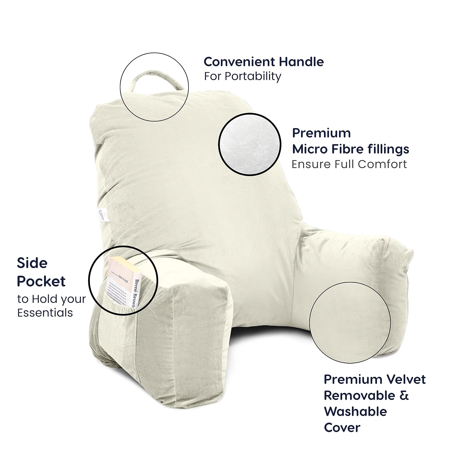 Backrest Pillow For Bed, Reading Pillow With Support Arms, Cream, King Size | Comfortable Back Support For Working, Watching TV In Bed, Premium Velvet Zipper Cover, Machine Washable
