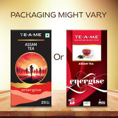 TE-A-ME Energise Assam Tea - Pack Of 4 X 25 Tea Bags | Rich & Robust Flavor, Full-Bodied & Strong Tea - Premium Black Tea | Medium Caffeine, Non-GMO, Gluten Free - Packaging Might Vary