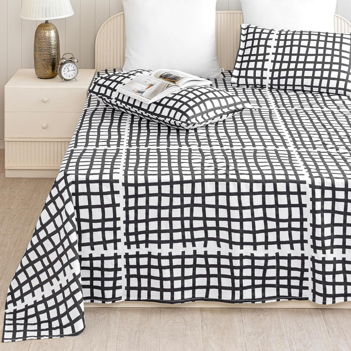 Double Size Bedsheet With Two Pillow Covers - 84 X 90 Inches, White & Black | Comfort Bedsheet For Double Bed | Perfect For Home Decor & Gifting