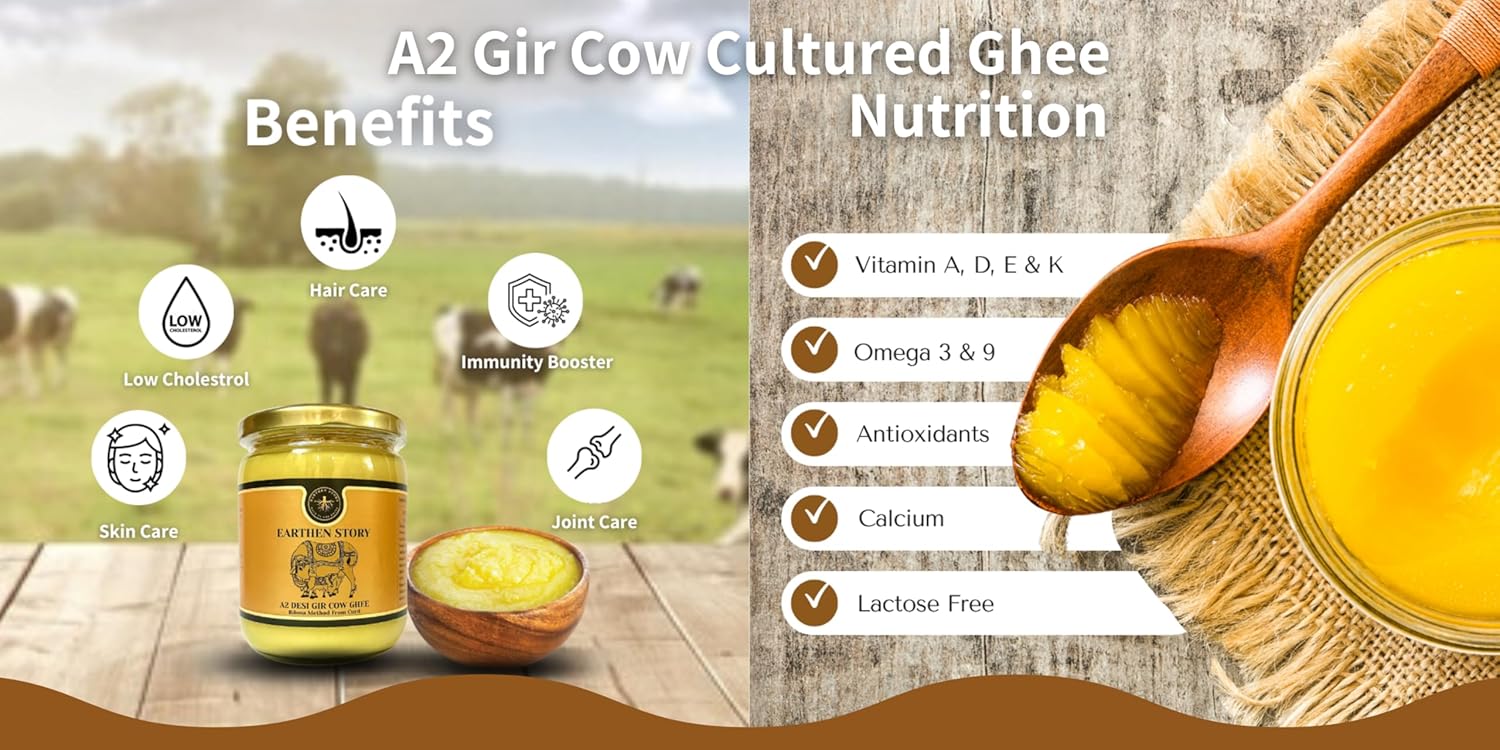 Premium A2 Cow Desi Ghee By Earthen Story | Ancient Bilona Method | Cultured Desi Ghee Good For Brain Health | 2 Litr (1Litr * 2) 67.6 Ounce | Jar Pack