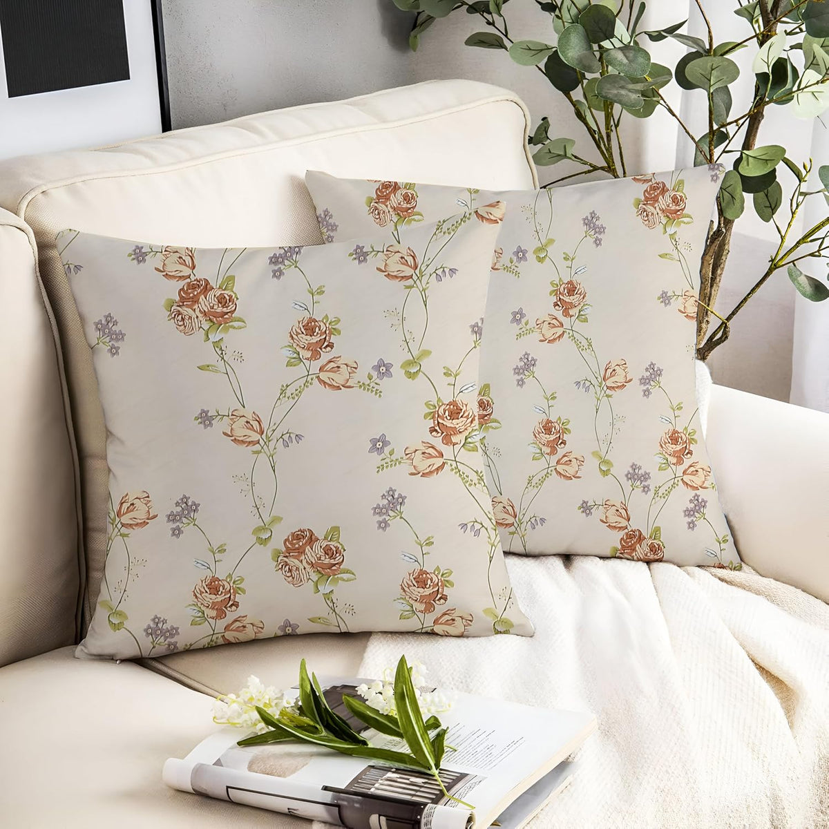Microfiber Square Pillow Cushion For Sofa & Bed, Brown Rose - 24 X 24 Inch | Soft, For Comfort & Back Support | Breathable, Premium Cotton Cushion Cover With Zip, Hypoallergenic - Set Of 2
