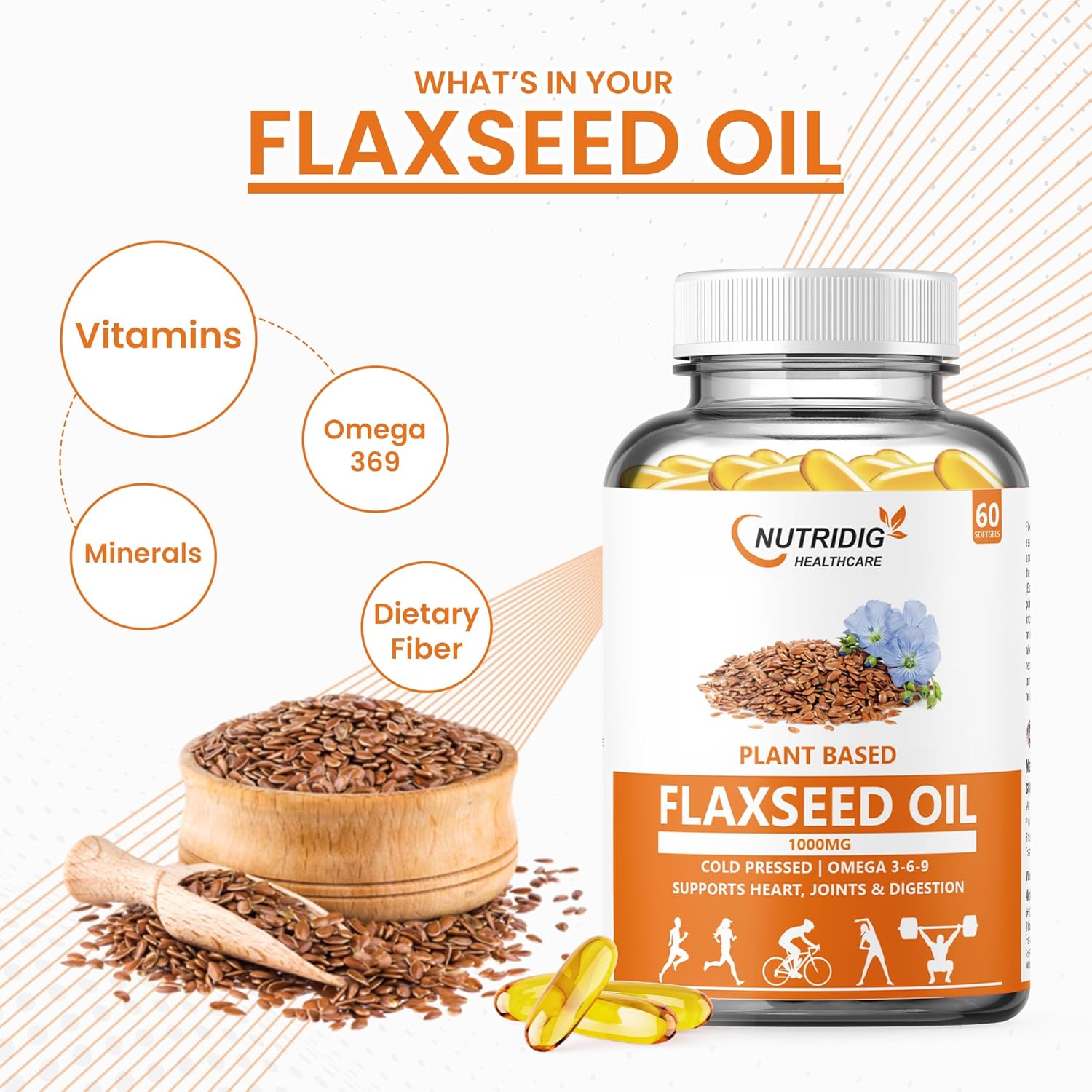 Nutrdig Healthcare 1000mg Flaxseed Oil Softgel Capsules With Omega 3 6 9 For Joint, Heart, Skin & Metabolism | 60 Softgels For Men & Women 100gm 0.2lbs