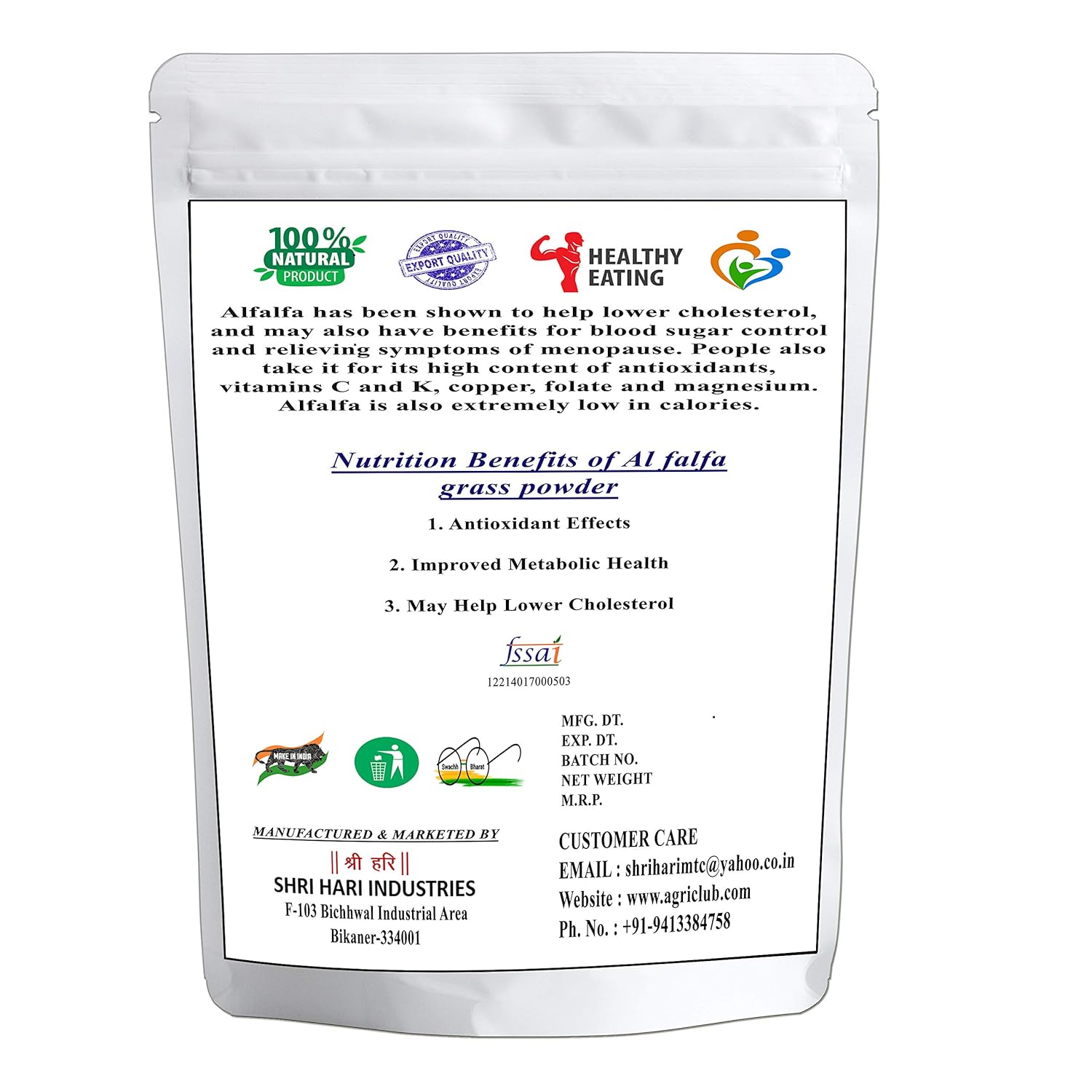 Shri Hari Agri Club Alfalfa Grass Powder All - Natural And Farm - Fresh, No Added Chemicals, Polish & Colors | 200gm 0.4lbs