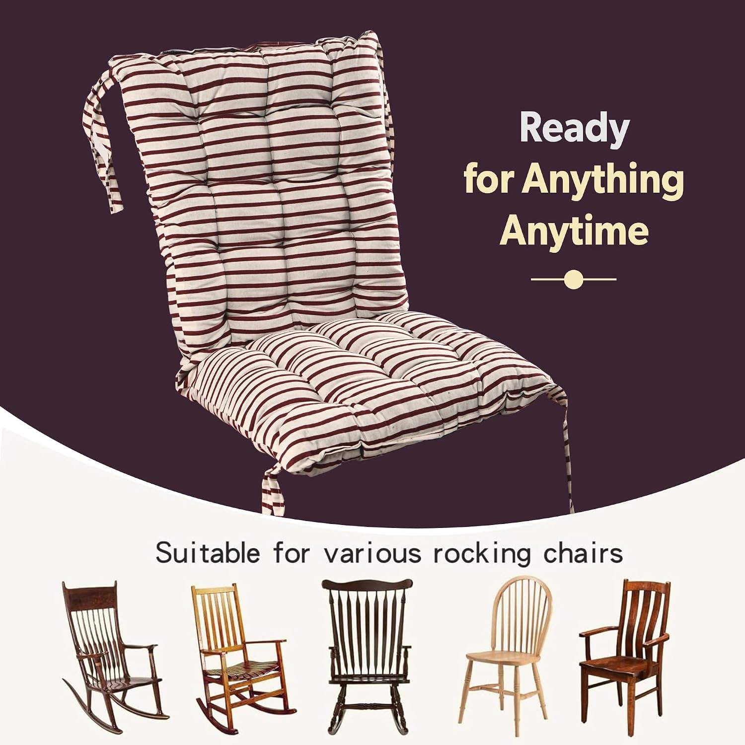 Long Comfortable Rocking Chair Cushion With Ties, Lining Printed - Maroon - 18 X 36 Inch | Back Rest & Seat Cushions Chair Pad, For Rocking Chairs | Cotton Cushion For Office & Home Use