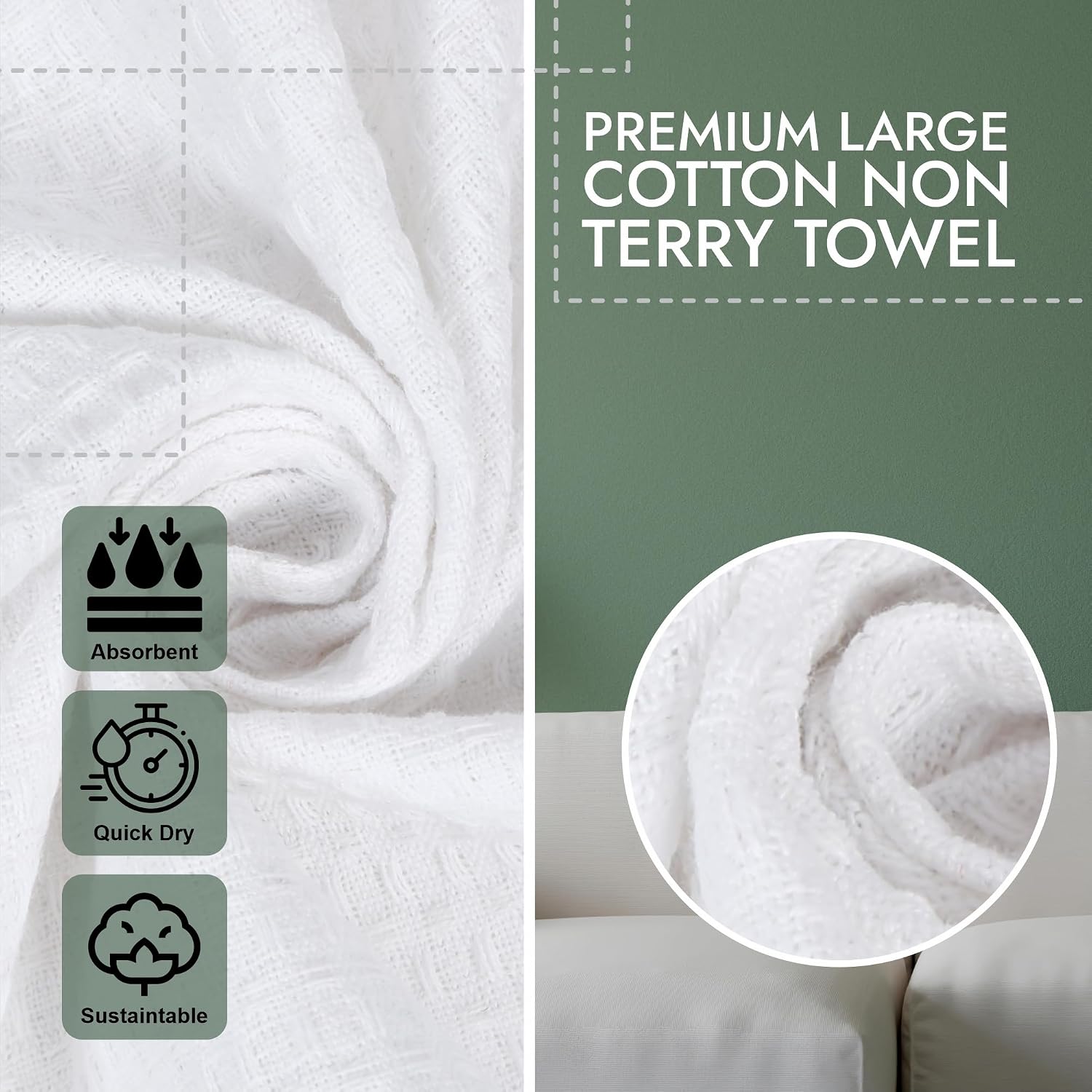 Ecosense Premium Large Cotton Non-Terry Bath Towels 600 Gsm | Soft Absorbent & Comfortable Bath Towels Large Size | Quick Dry Gym, Travel - Blue/Green Waffle (Pack Of 2)