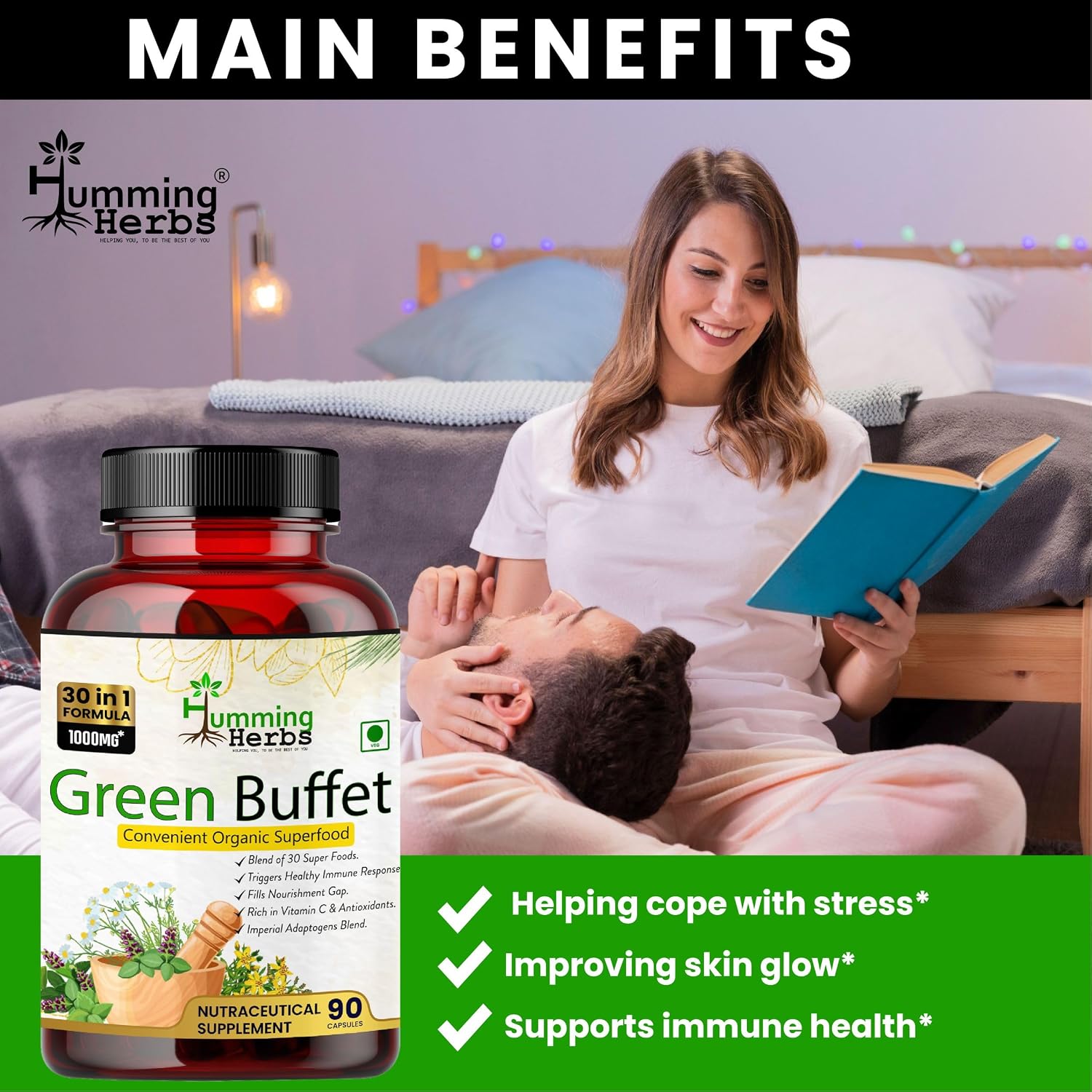 Humming Herbs Super Green, Improving Immunity & Skin Glow , 30 Super Foods Like Quercetine Cordyceps Spirulina Alfalfa Ashwgandha Seabuck Thorn Acai Berry Goji Berry | 90 Capsules , 150gm 0.3lbs