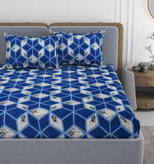 All Around Elastic Fitted Bedsheets King Size With 2 Pillow Covers | Double Size 72 X 78 X 10 Inches, Blue & White - Ideal For Hotel, House, Bedroom, Guest House