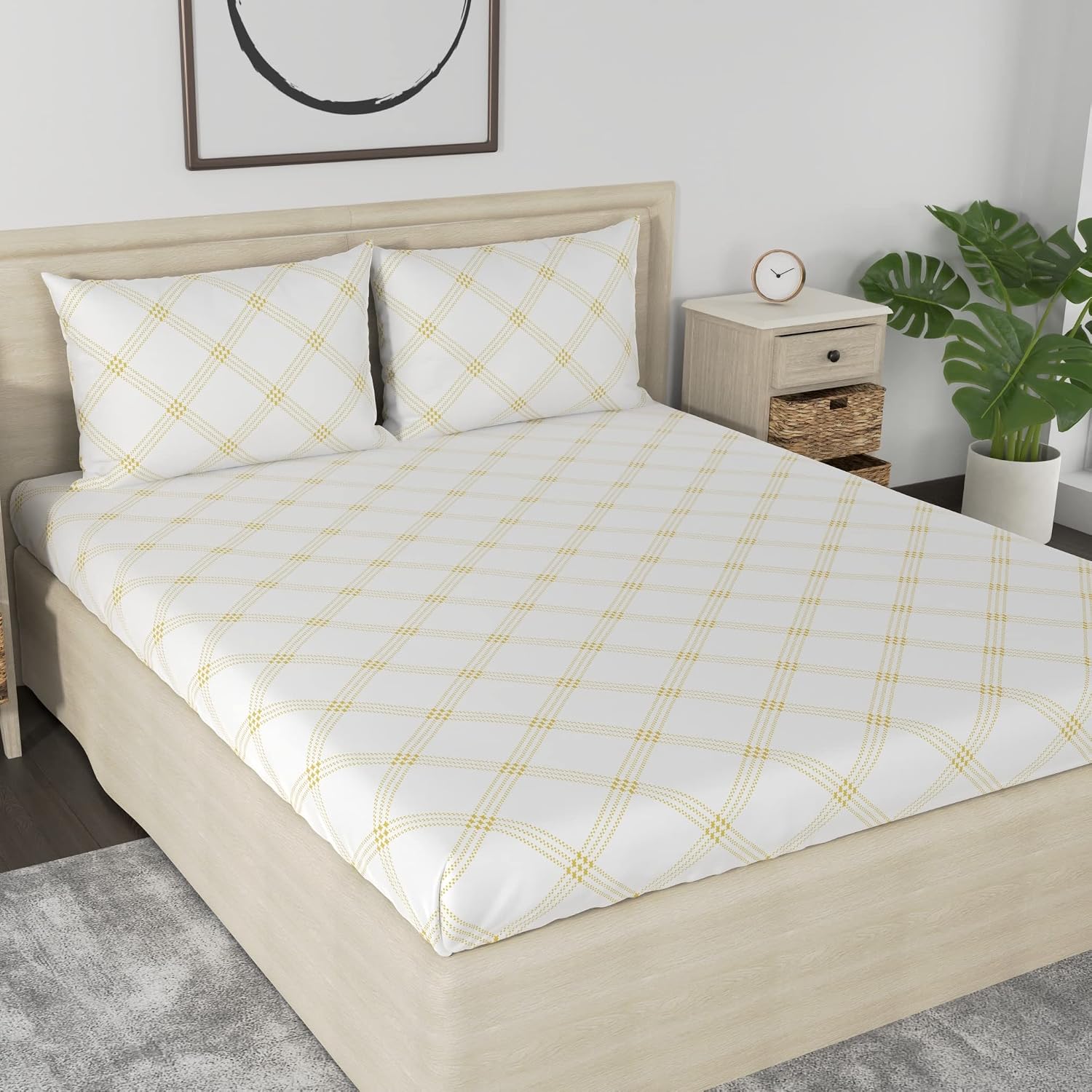 Premium Cotton Bedsheet For Double Bed King Size With 2 Pillow Covers - (108 X 108 Inches) White (Yellow Pattern) | Ideal For All Season Comfortable Bedsheet