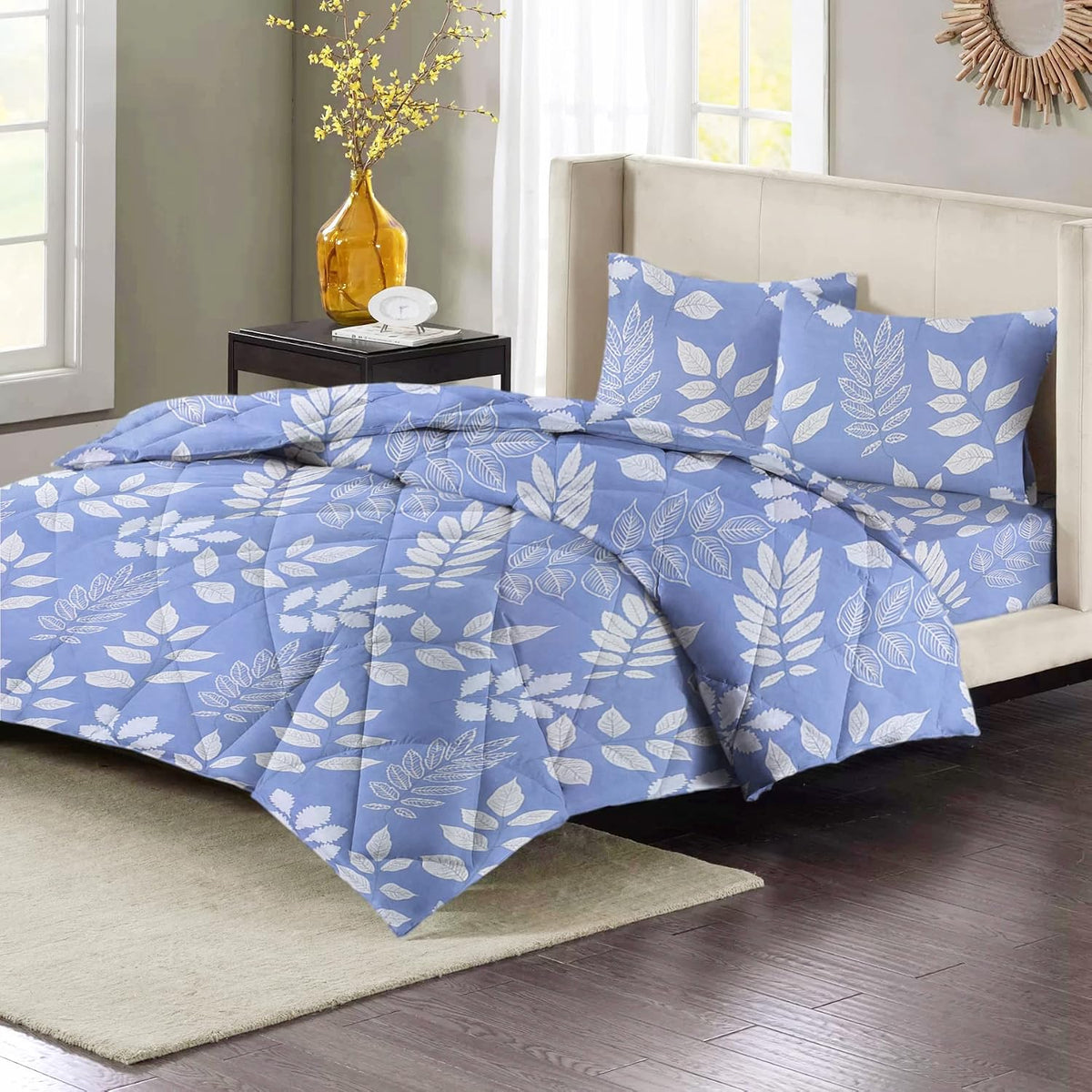 Double Bedsheet 1 Comforter 2 Pillow Covers - 90 X 100 Inches, Light Blue, 4 Pcs Bedding Set | Cotton Summer Ac Comforter Set King Size Double Bed