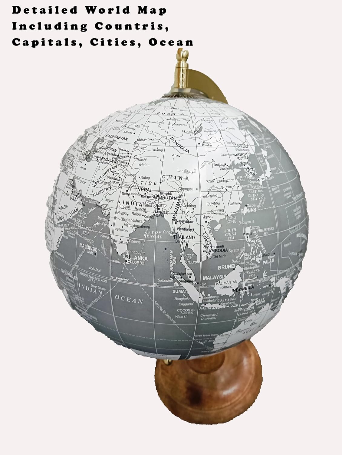 Rotating World Globe 8 Inch With Gold Arc & Wooden Stand For Show Piece For Home, Office, Study Table Decor, Birthday, Party Gifts For Students, White & Grey, Pack Of 1