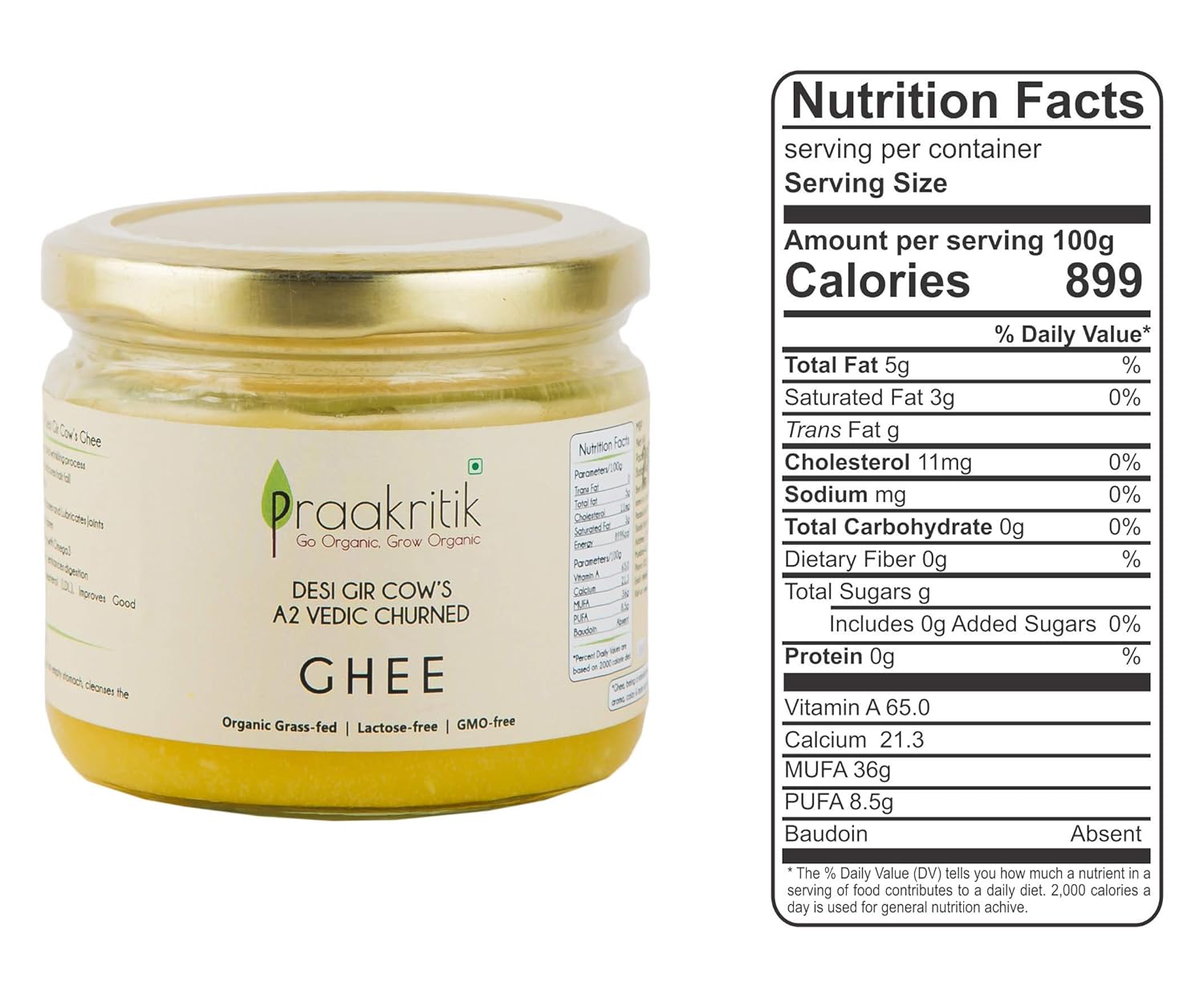 Pure Natural A2 Gir Cow Desi Ghee By Praakritik | High In Protein Fiber & Nutrients Healthy Desi Ghee Good For Laddus | (250ml) 8.4 Ounce | Jar Pack