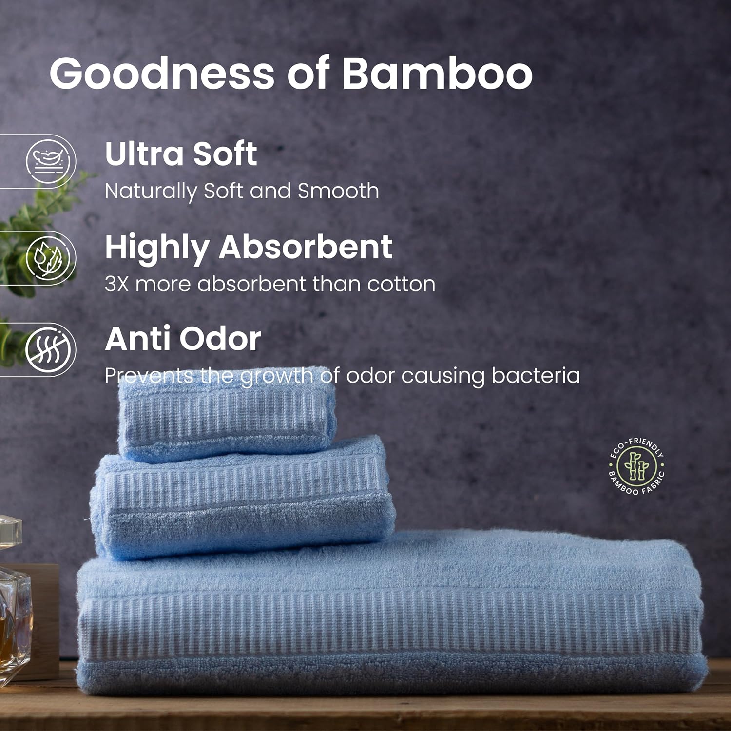 Mush Bamboo Bath Towels 600 Gsm | Ultra Soft, Absorbent & Antimicrobial Bath Towel, Hand Towel & Face Towel (Sky Blue) -3 Piece