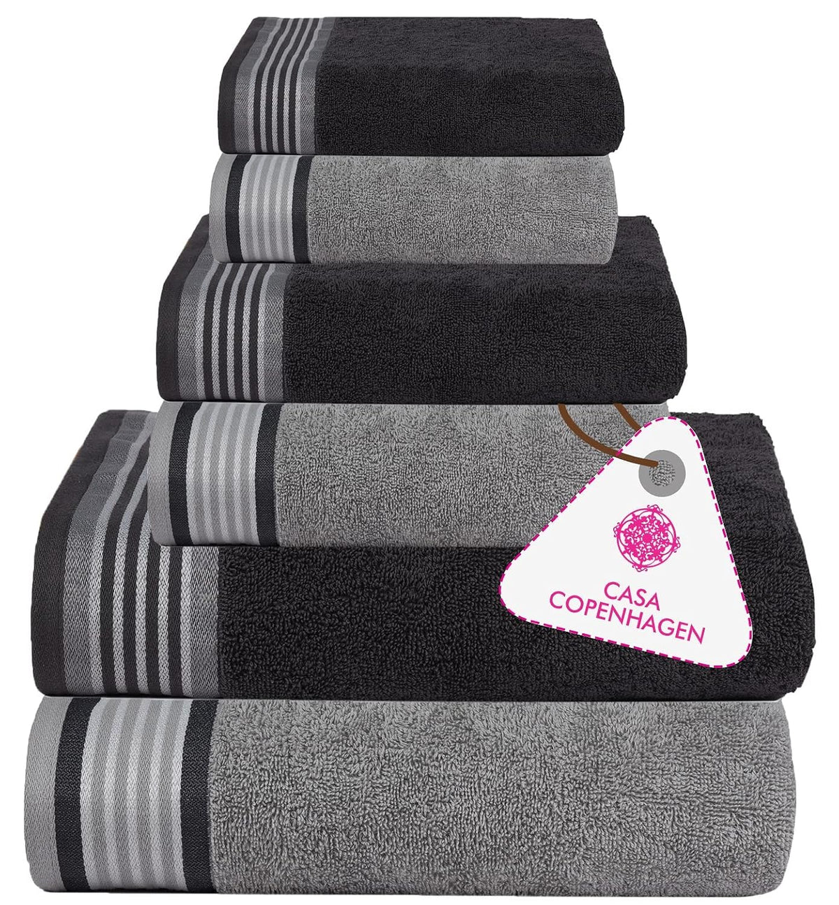 Casa Copenhagen Germany Design 2 Bath + 2 Hand & 2 Washcloths Towels 1800 Gsm | He & She Super Soft Collection 100% Cotton 6 Piece Towel Set - Pine Grey & Grey Violet