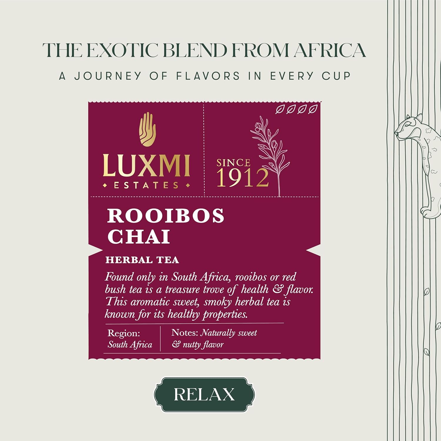 Luxmi Estates Rooibos Chai Herbal Tea - 100gm, 3.5 Ounce, 50 Cups | USDA Certified Organic Tea - Caffeine Free Herbal Tea Bags | Antioxidant Rich Herbal Beverage For Relaxation & Wellness
