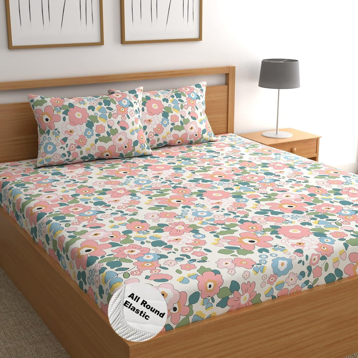 Printed Queen Size Double Bed Bedsheet With 2 Pillow Cover | 60 X 78 Inches, Multicolor - Breathable, Stain & Wrinkle Resistant | All Around Elastic Fitted Bedsheet