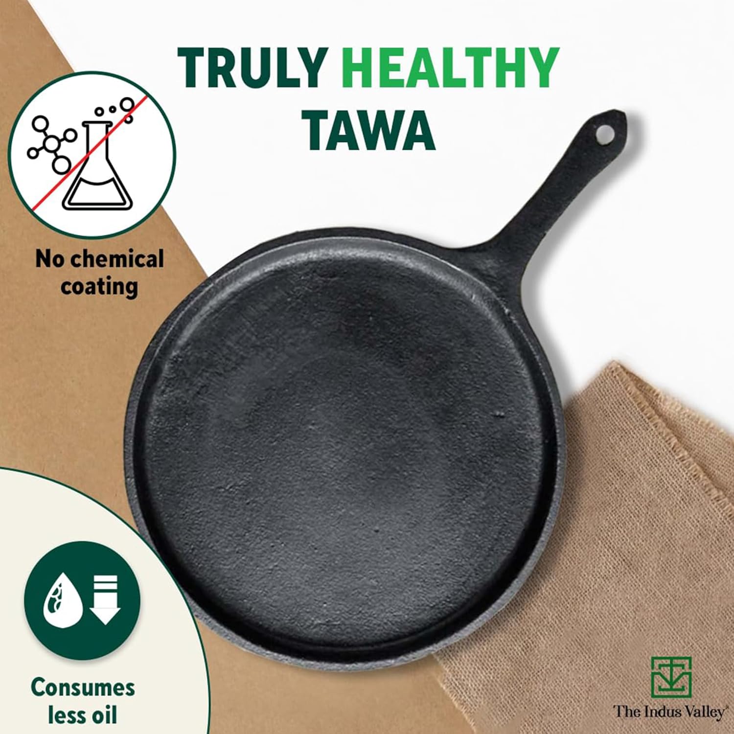 Pre-Seasoned Black Cast Iron Tawa With Free Wooden Spatula For Dosa, Chapathi - 25.7cm, 10.3 Inch, 2 Kg | Induction Friendly, Naturally Nonstick, 100% Pure & Toxin-Free, No Chemical Coating