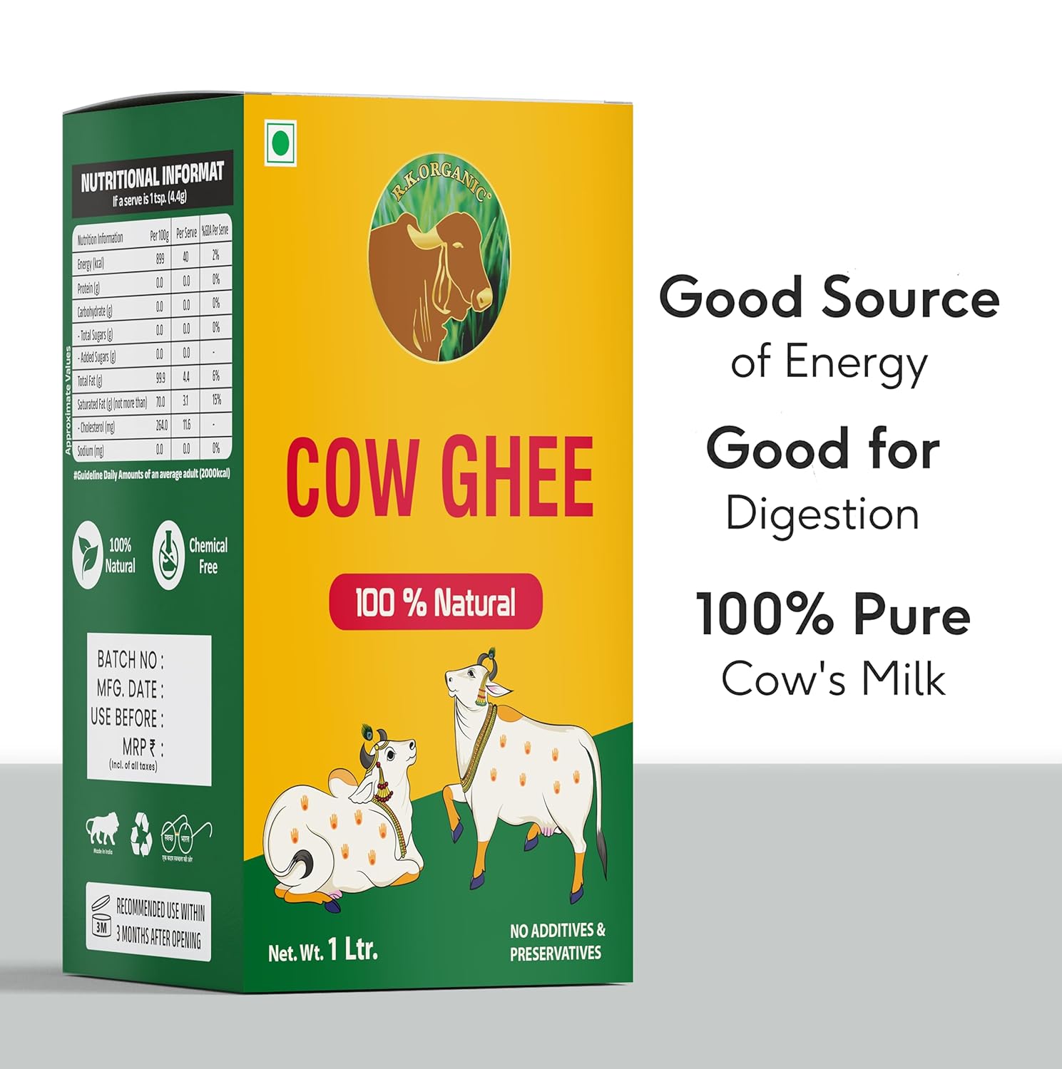 Organic Desi Cow Ghee By R. K. Organic | Good Source Of Vitamin A, Delicious, Healthy & Nutritious Homemade Desi Ghee | (1 Litr) 33.8 Ounce | Box Pack