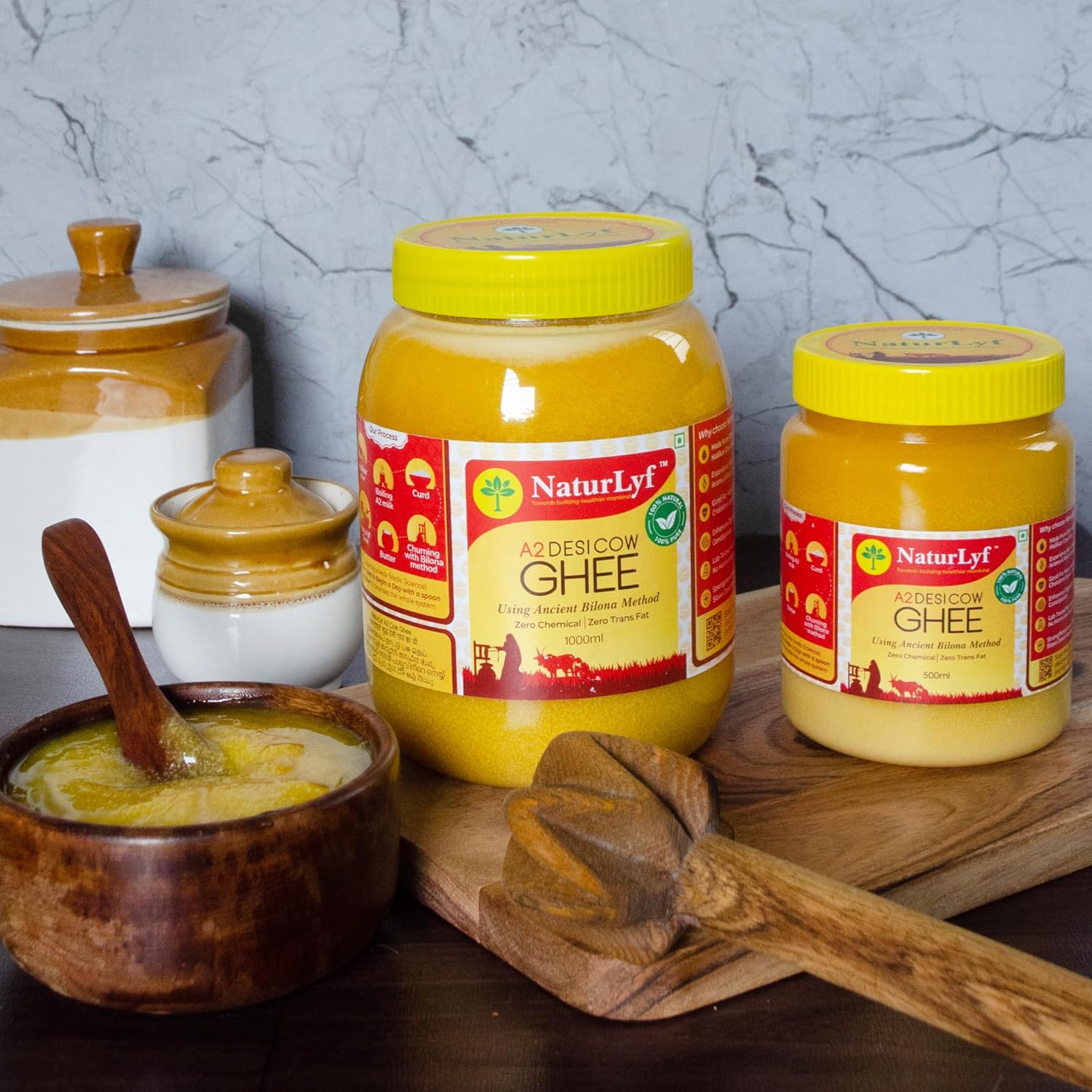 Natural A2 Desi Cow Ghee By Naturlyf | Churning With Bilona Method Indian Breed Cow Milk Desi Ghee Good For Digestion | (1 Litre) 33.8 Ounce | Jar Pack